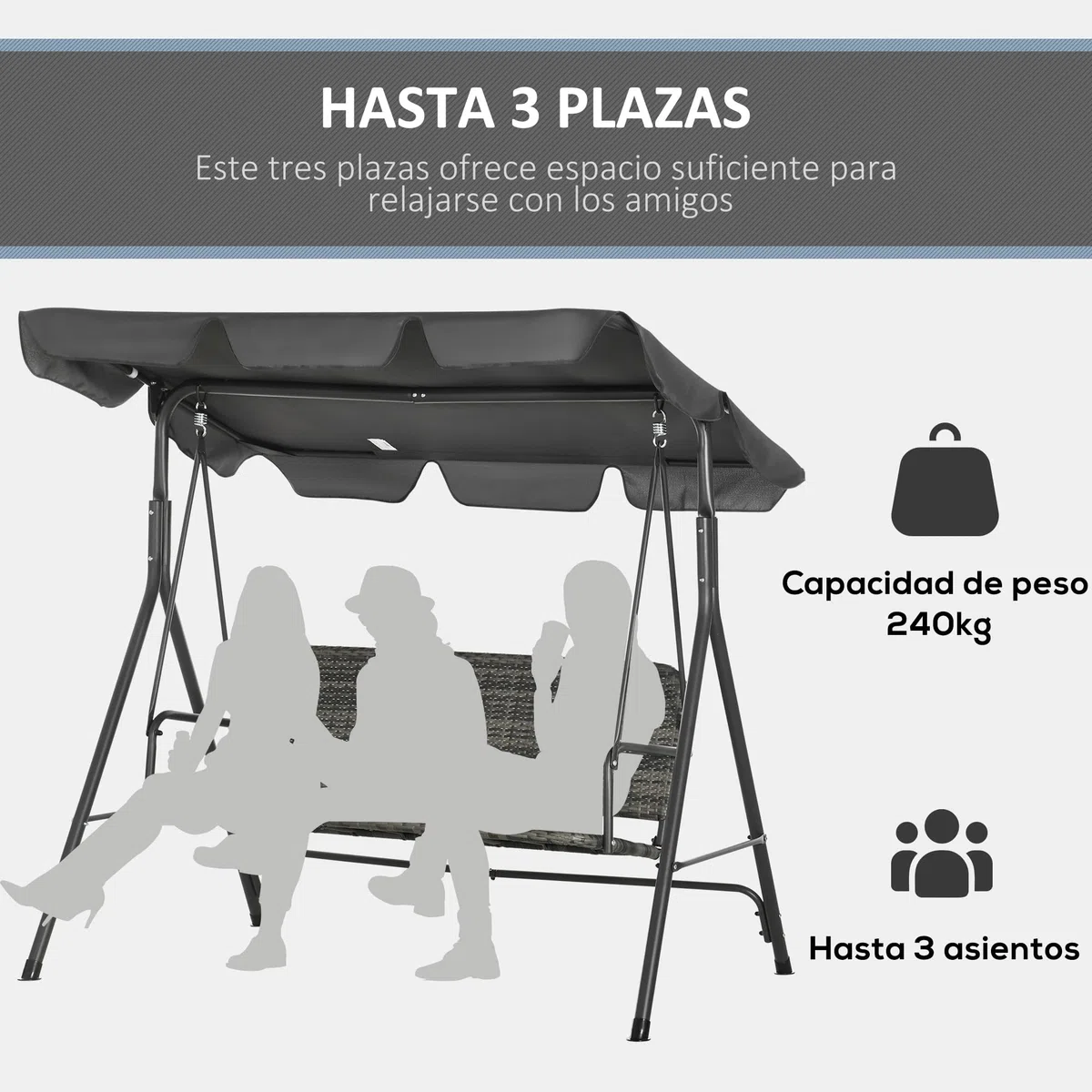 Outsunny Columpio de Jardín Exterior de 3 Plazas Balancín de Jardín Exterior con Toldo Ajustable Asiento de Ratán PE y Reposabrazos para Balcón Terraza Patio Carga 240 kg 167x112x153 cm Gris