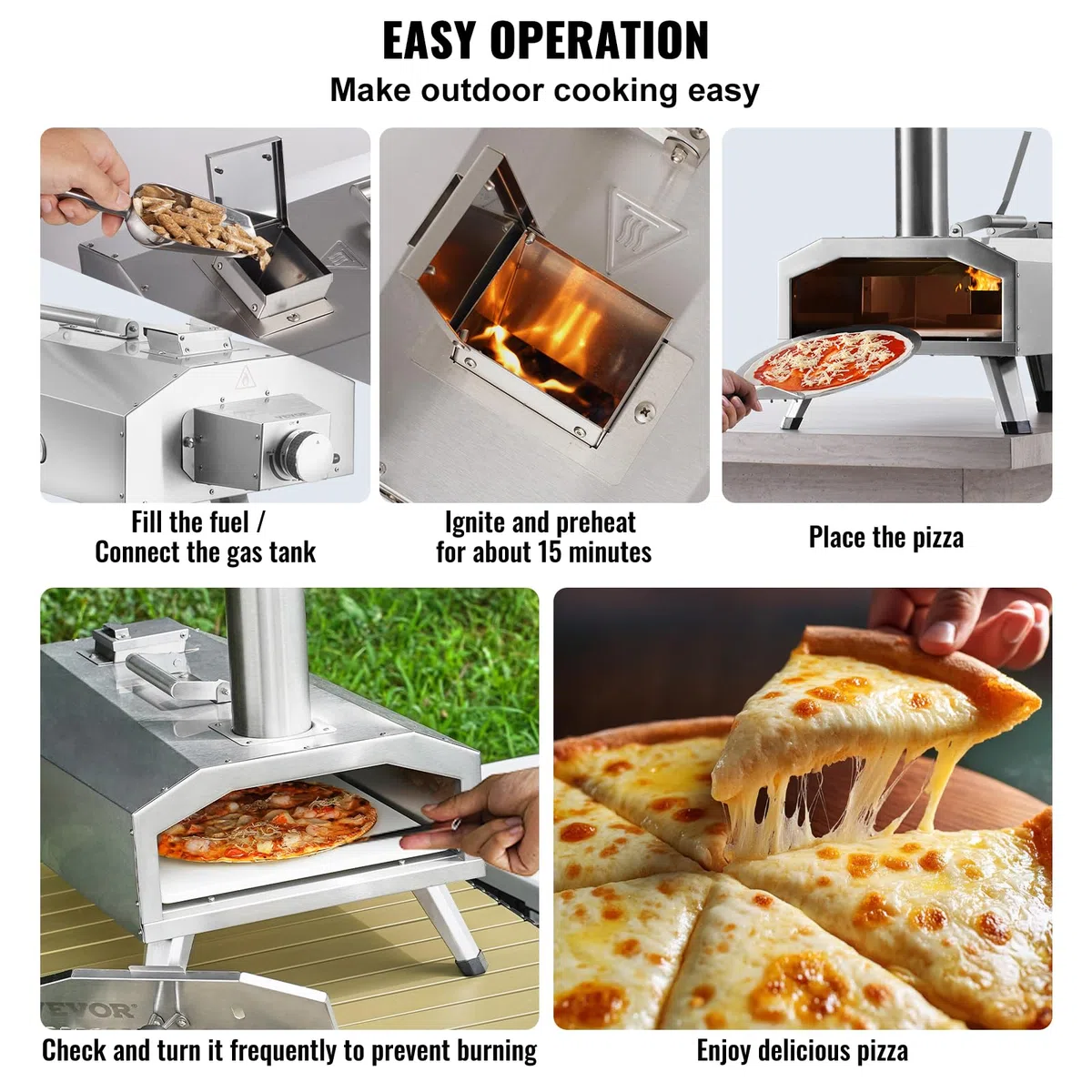 VEVOR Horno de Pizza Portátil Combustible Dual para Uso al Aire Libre, Alimentado con Pellets y Gas y Piedra de Pizza de Cordierita Espesa, Pata Plegable a Acampar y Patio, 360 x 680 x 850 mm, Plata