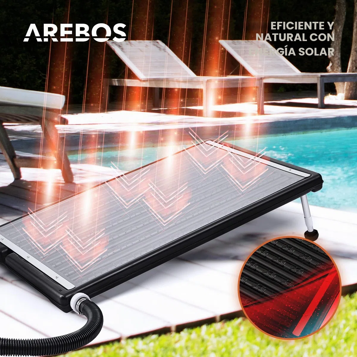Arebos Calentador solar para piscina, 110 x 65 x 7,5 cm Calentador solar para piscina, capacidad de hasta 15 litros, caudal de hasta 10.000 L/h, conexión de manguera Ø 32/38 mm, incluye material de