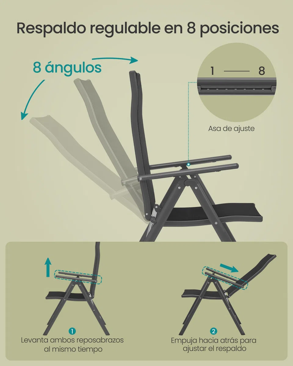 SONGMICS - Silla de jardín Plegable, Juego de 2, Asiento al Aire Libre, Marco de Metal, Respaldo Ajustable en 8 Posiciones, Capacidad de Carga 150 kg, Negro GCB29BK