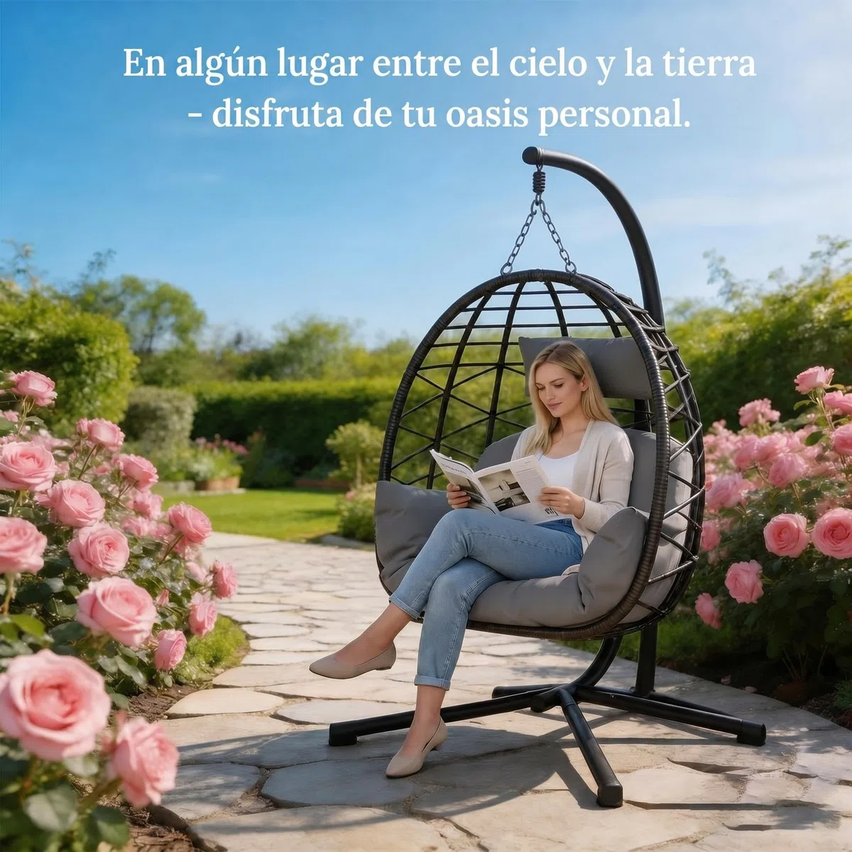 Litake Silla Colgante para Exterior y Jardín - Estructura Completamente Metálica - Silla Huevo con Soporte, Soporta hasta 150 kg - con Cojines Cómodos, Ideal para Jardín, Balcón y Patio, Gris