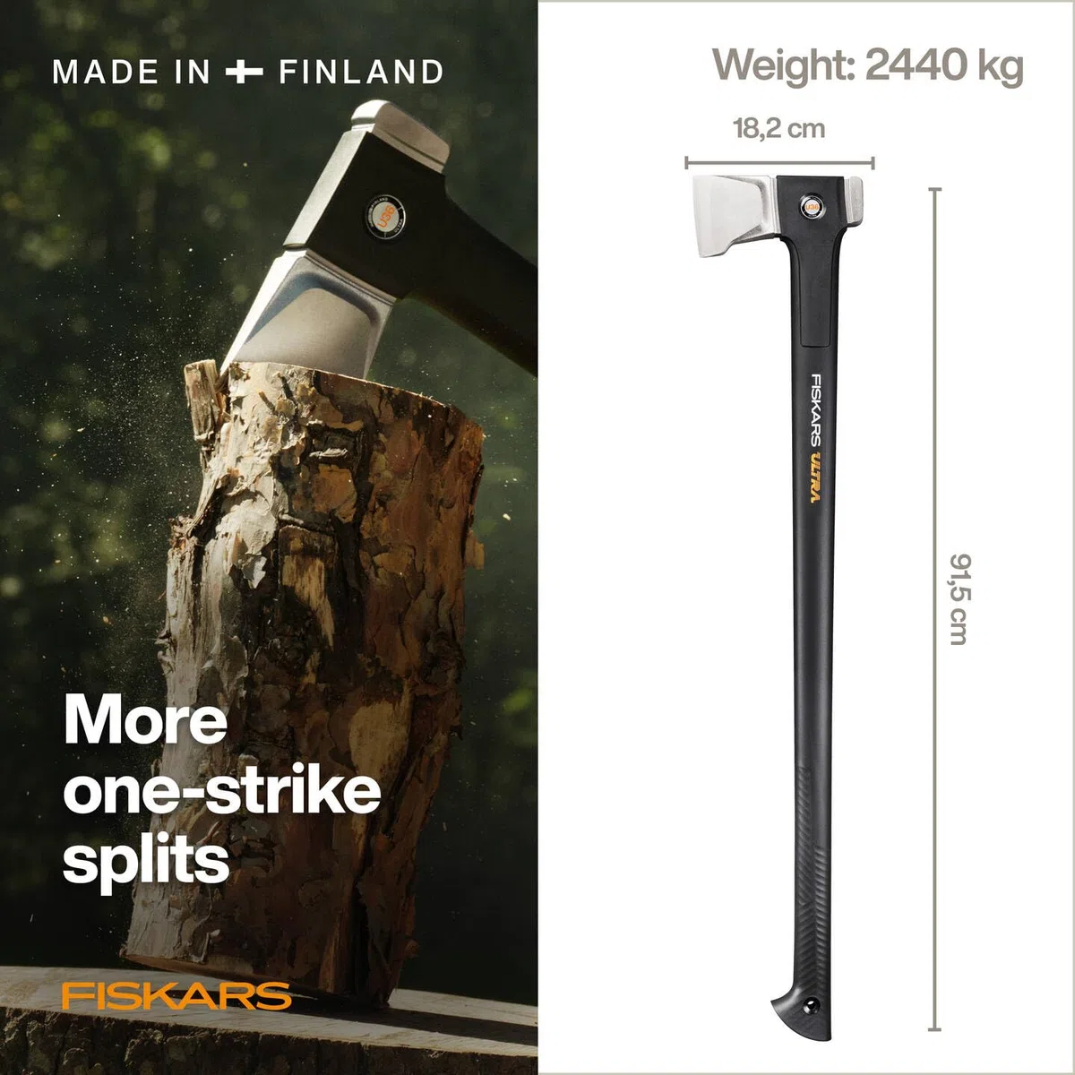 Fiskars Ultra Hacha U36, Robusta Hacha para Partir Troncos Grandes, Revestimiento ToughCoat, Equilibrio optimizado, Hoja de Acero al Carbono/Mango FiberComp, 91,5 cm, Negro, 1088144