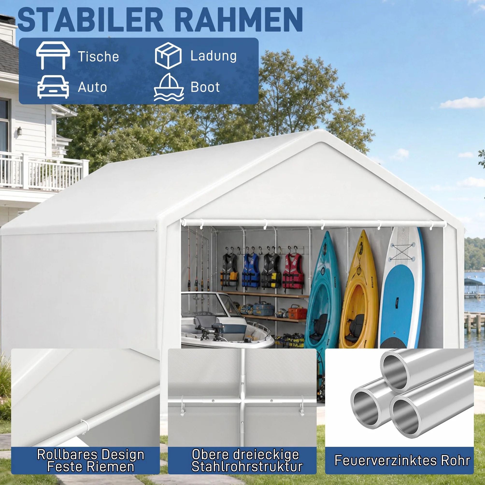 Carport - Tienda de campaña (3 x 6 m, lona de polietileno, resistente a la intemperie, marco de acero galvanizado, con anclajes y cuerdas tensoras, refugio para coches, dispositivos y