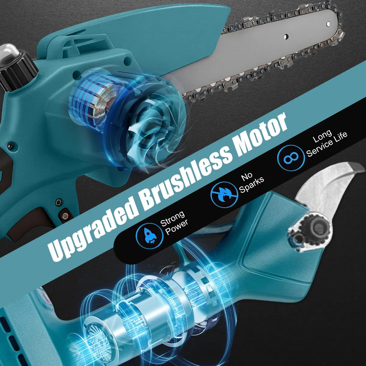6 Pulgadas Mini Motosierra Telescopica & 25 mm Tijeras de Podar Eléctricas, 4 en 1 Kit de Herramientas de Jardín con 2 * 3000 mAh Baterías, Altura Ajustable 4.2m, Para Jardín y Huerto (Con batería)
