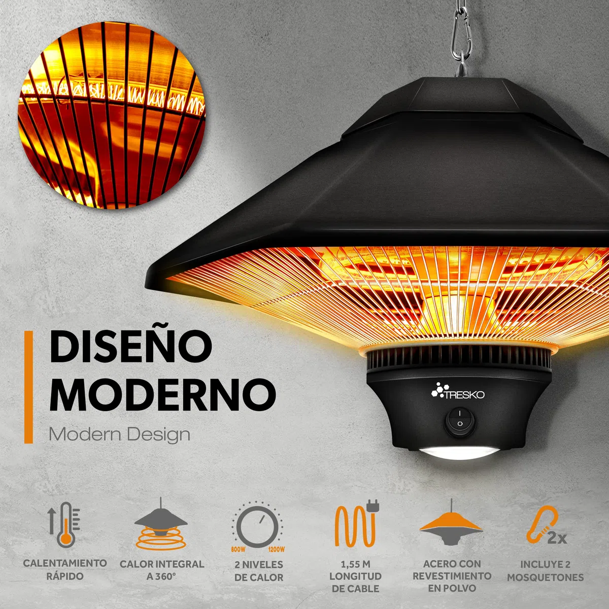TRESKO Calefactor por Infrarrojos de Pared | 1200W + Control Remoto + Pantalla LED | Estufa Radiante de Terraza con 2 Temperaturas | Radiador Eléctrico para Exterior e Interior | Calentador de Techo
