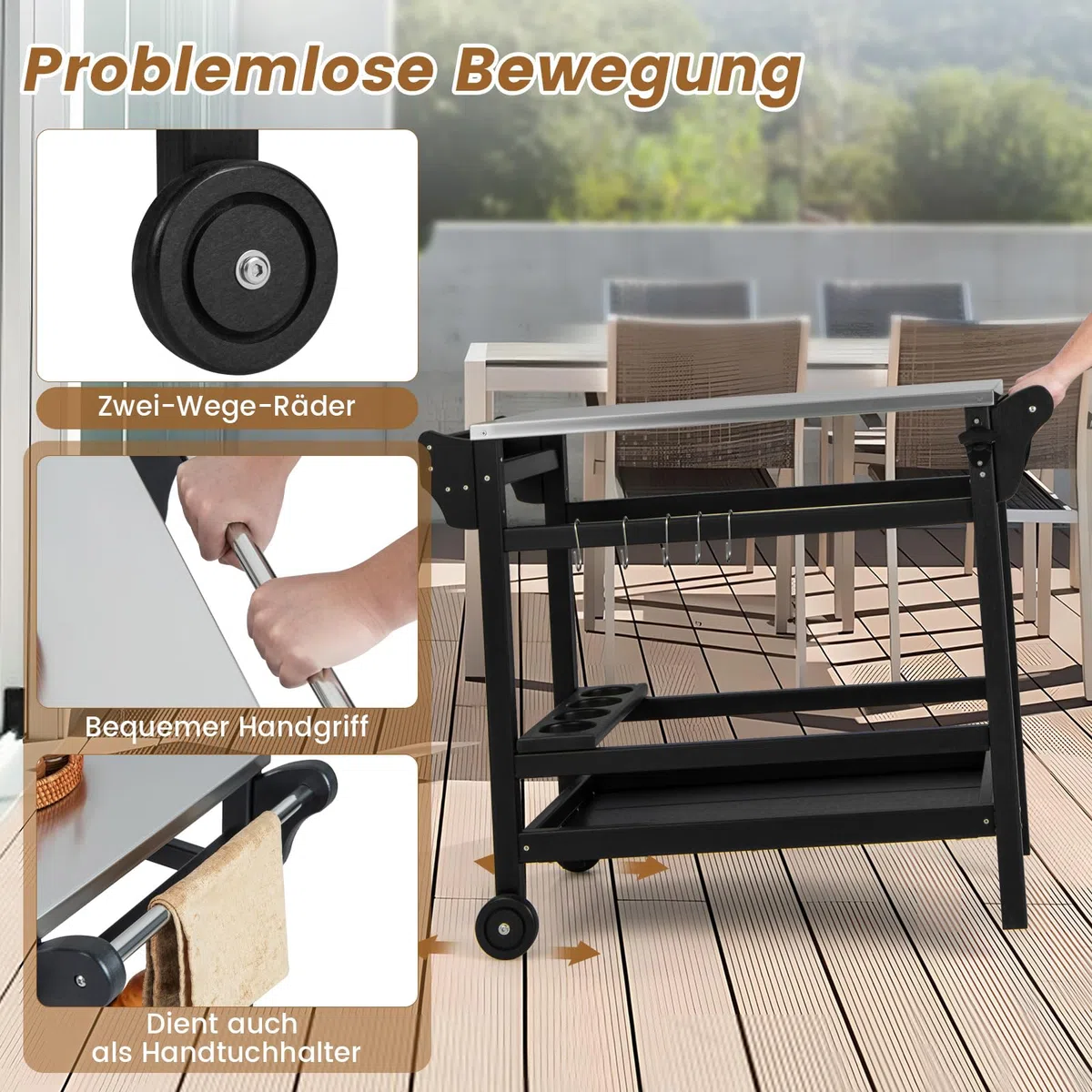GYMAX Carro de Parrilla Móvil para Exteriores, Mesa de Trabajo de HDPE con Tablero de Acero Inoxidable, Estante, Estante para Vinos, Ganchos, Mesa Portátil para Parrilla para Barbacoa con Asa y Ruedas