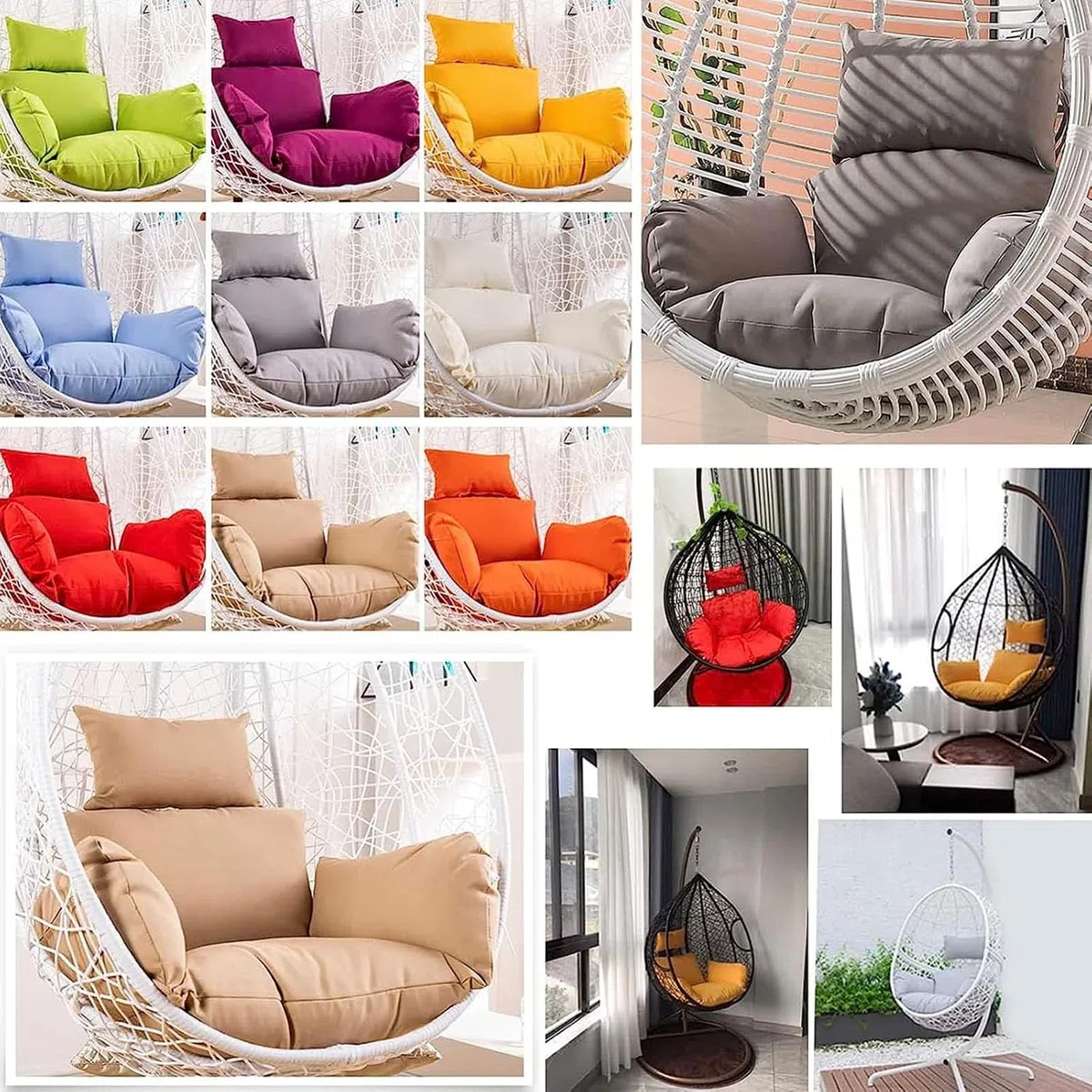 Cojín para Silla Colgante Huevo - de Tejido Resistente, con Suave Relleno, con reposacabezas con Cuerdas para Atar - cojín para Columpio Jardin Exterior, balancin de Jardin,I