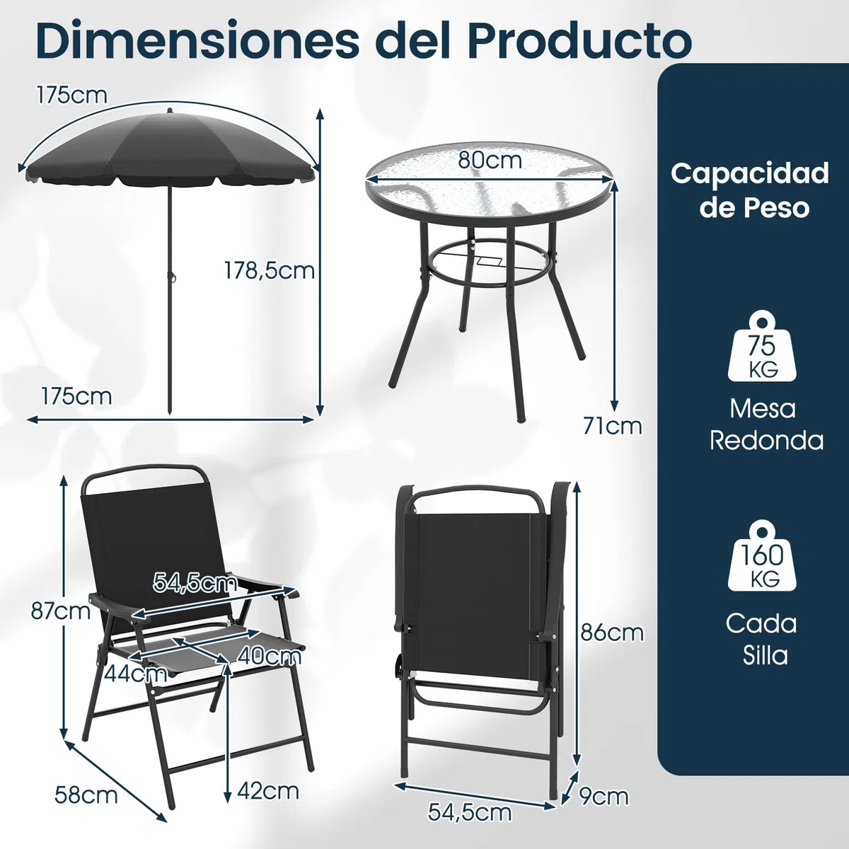 COSTWAY Conjunto Jardin Exterior de 6 Piezas, Mesa Redonda de Vidrio Templado, 4 Sillas Plegables con Brazos y Sombrilla, Muebles Comedores Jardin Terraza Balcon Exterior