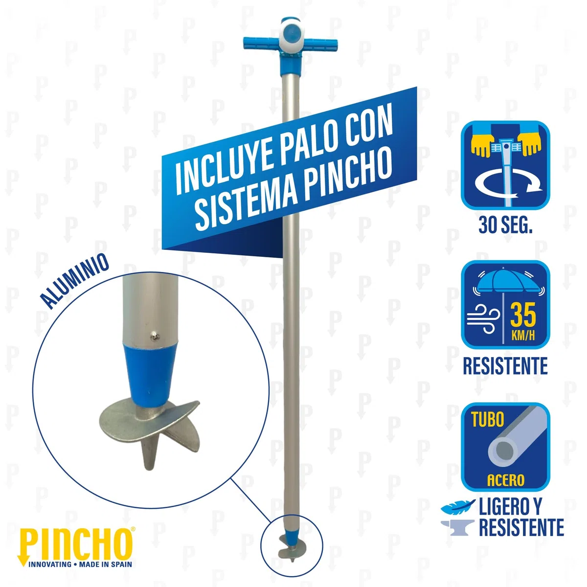 Pincho Sombrilla Playa Grande 240 cm de arco, Antiviento hasta 35km/h, Protección UV 50, Materiales de Calidad, 8 Varillas de Fibra de Vidrio, Palo reclinable