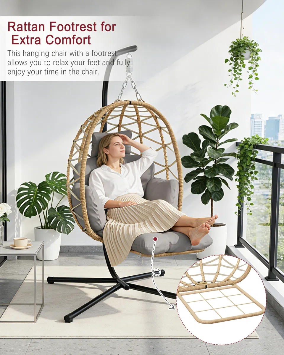 Silla colgante con estructura, reposapiés, silla colgante, en ratán para interiores y exteriores, columpio colgante para jardín, terraza, cuarto de niños, rincón de lectura, hasta 150 kg