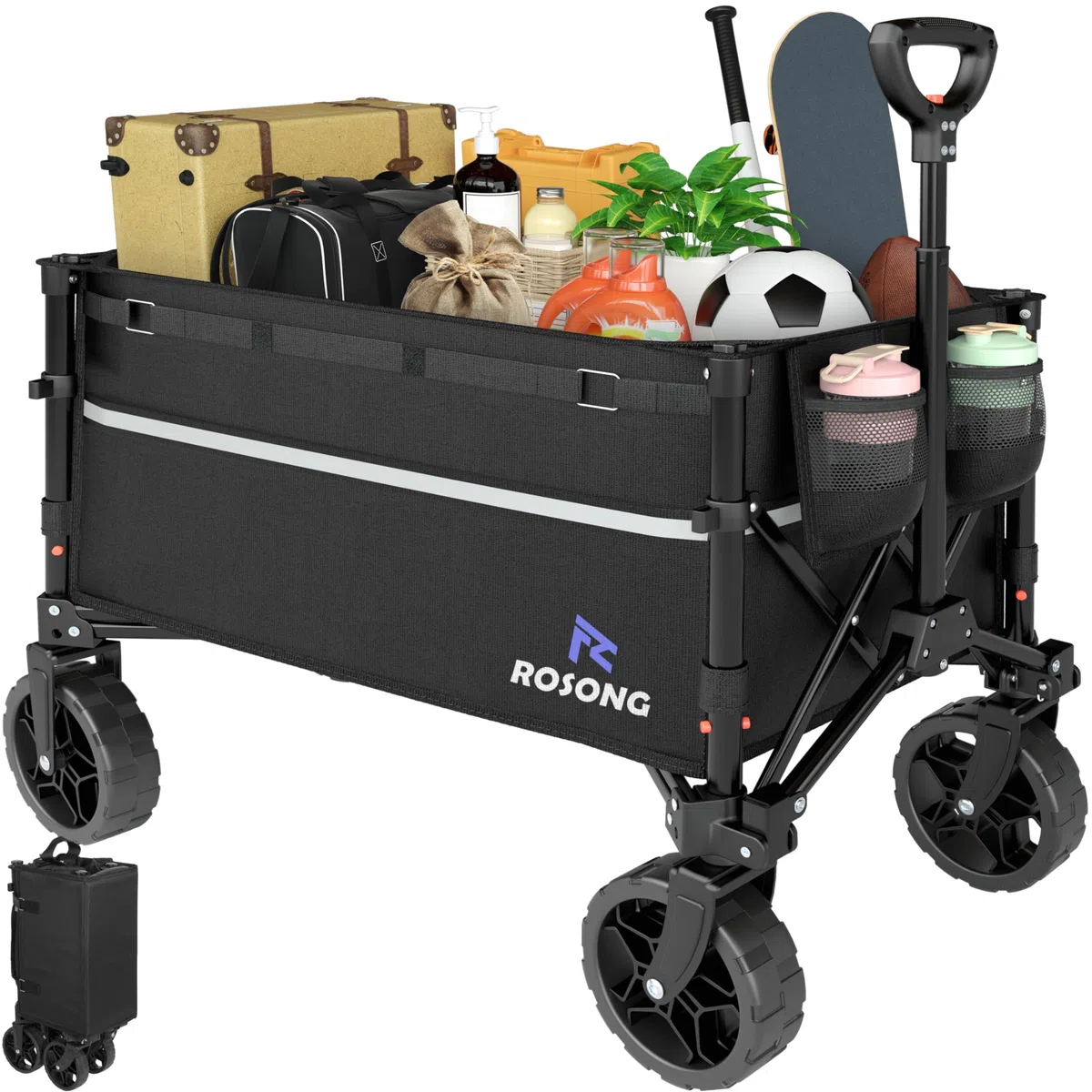 ROSONG Carro Playa Plegable con Ruedas Grandes Todo Terreno Carrito de Transporte Robusto Carro Playa con Bandas Reflectantes para Camping Jardín y Compra, Negro 120L