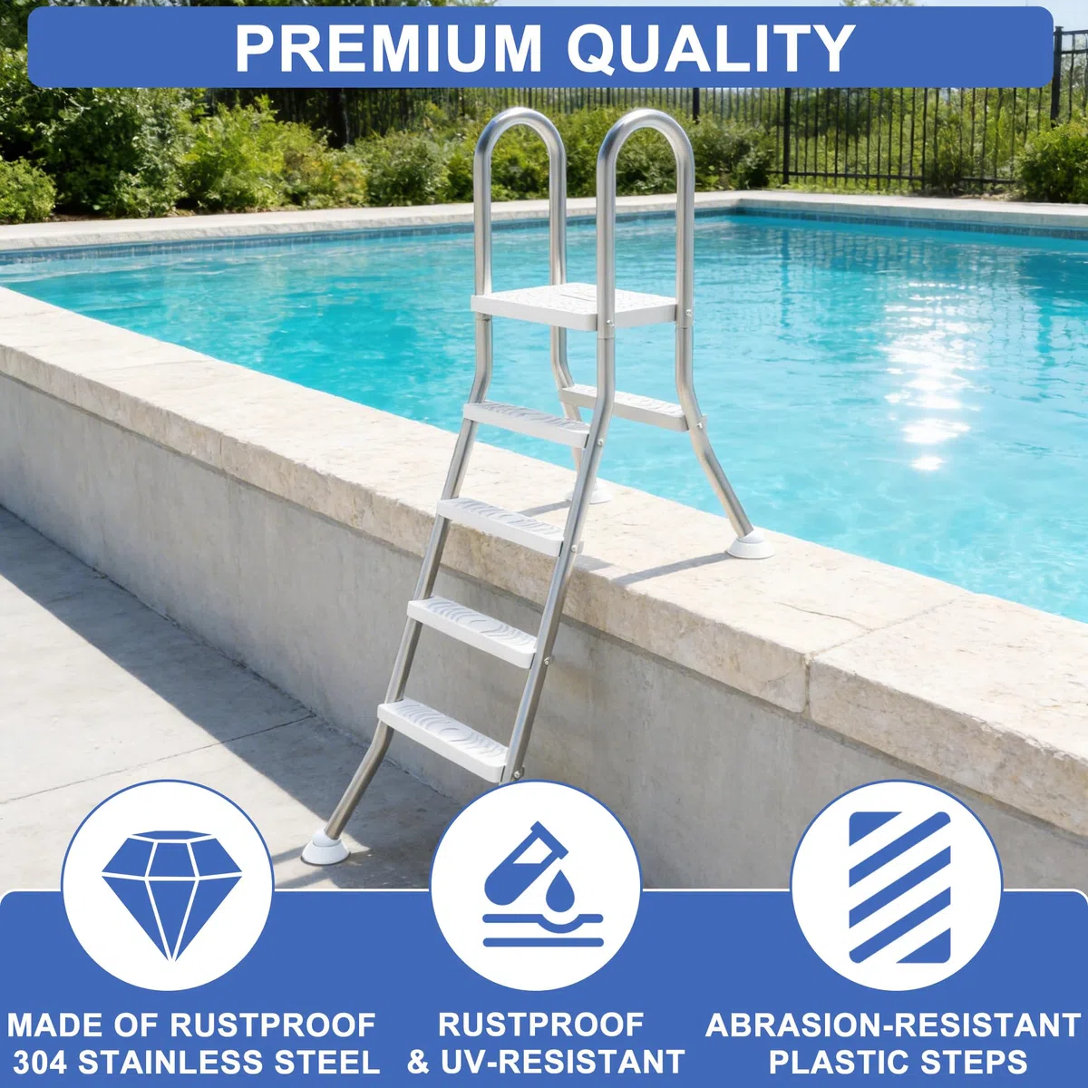 UISEBRT Escalera de piscina de acero inoxidable 304 | Escalera de piscina con 3 peldaños | Escalera para piscina con protección antideslizante | Escalera de entrada para piscina y piscina altura de