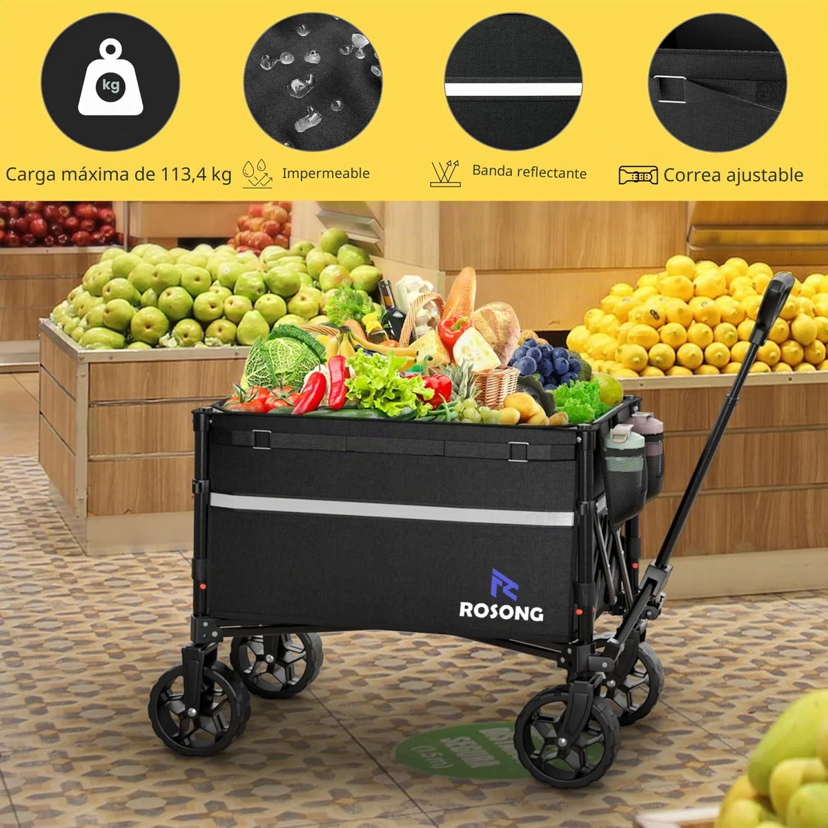 ROSONG Carro Playa Plegable con Ruedas Grandes Todo Terreno Carrito de Transporte Robusto Carro Playa con Bandas Reflectantes para Camping Jardín y Compra, Negro 120L