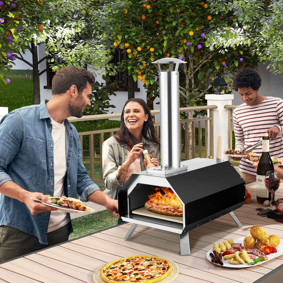 KOMFOTTEU 12" Horno de Pizza para Exterior, Horno de Leña Portátil con Piedra para Pizza, Pala de Pizza, Termómetro y Patas Plegables, Horno Pizzero de Acero Inoxidable para Barbacoa, Camping