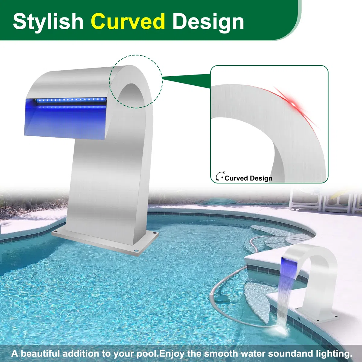 LONGRUN Aliviadero de la Cascada Acero Inoxidable Fuente de Piscina en Forma de S, Luz LED Colorida controlada por RF y App Cascadas de estanques para jardín al Aire Libre Koi Pond-15x32x20cm