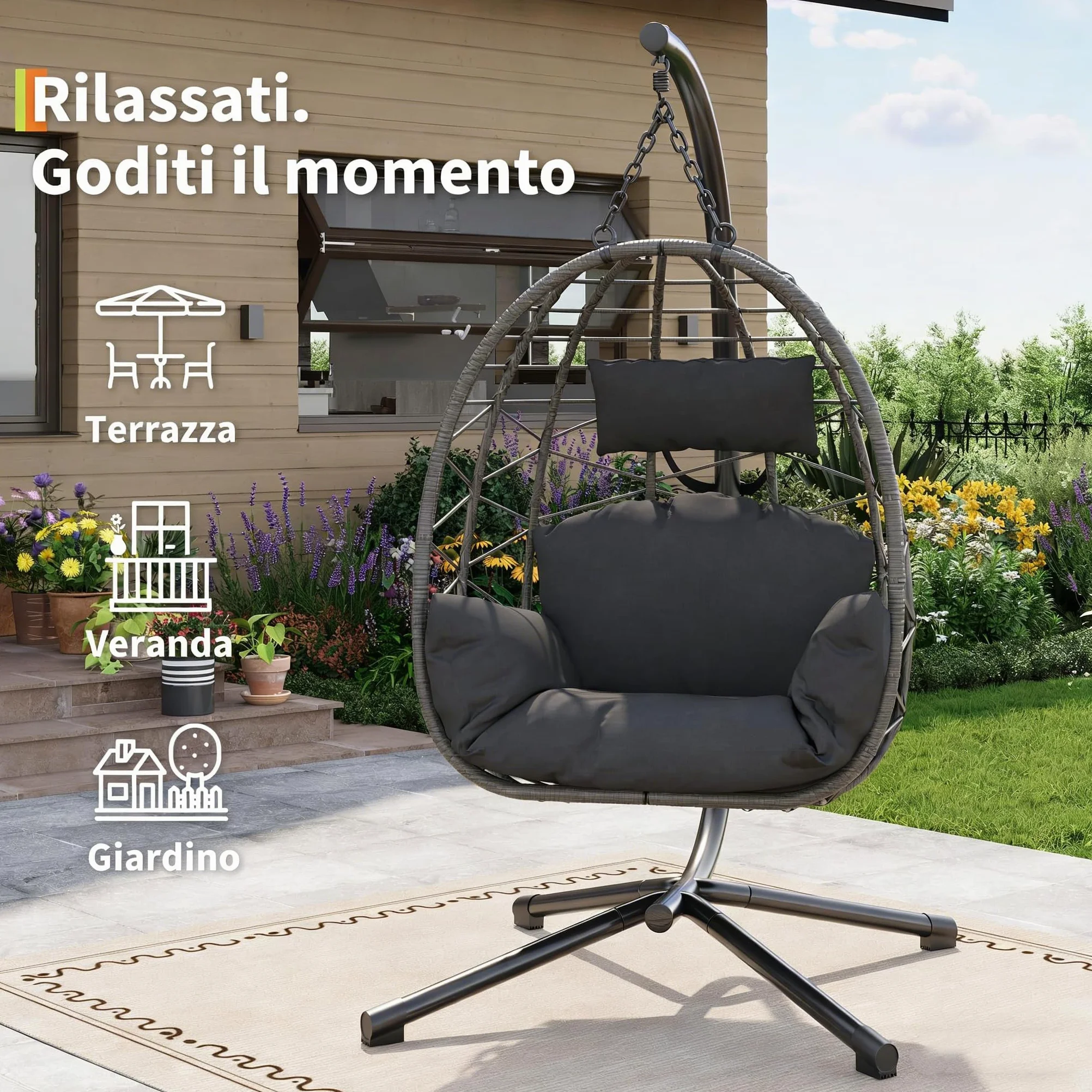 Silla Colgante con Soporte Metálico - Columpio Huevo 150 kg Cojines Incluidos - Estructura Estable para Jardín, Balcón o Patio - Hamaca Colgante Exterior Gris,Gris