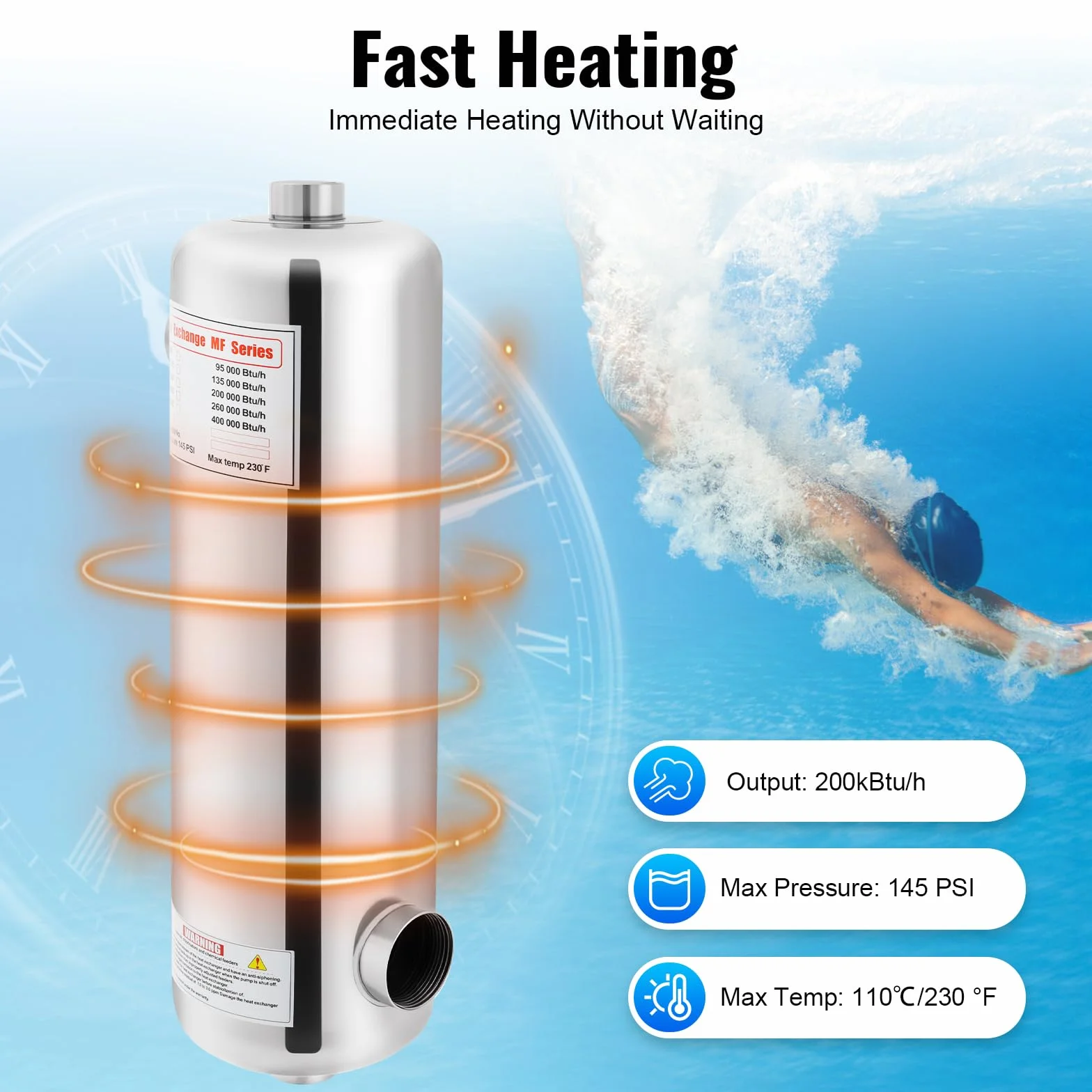 Intercambiador de calor de alto rendimiento, 60 kW, acero inoxidable 304, intercambiador de calor para piscinas, 250 L/min, con diseño de fuelle, compacto de 48 cm de longitud, funcionamiento