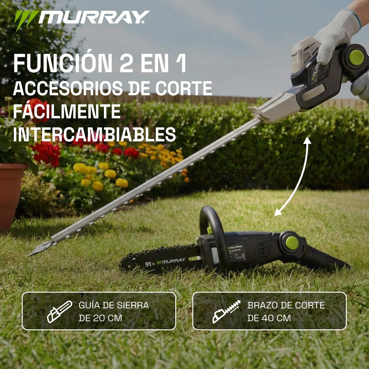 Murray Cortasetos & Motosierra Telescópica 2-en-1 con Batería MU-Bat-MM-CSHT-Kit – 20V, 3Ah, Hoja de Corte 40 cm, Guía de Sierra 20 cm, Sistema SDS, Inclinable, Alcance 330 cm