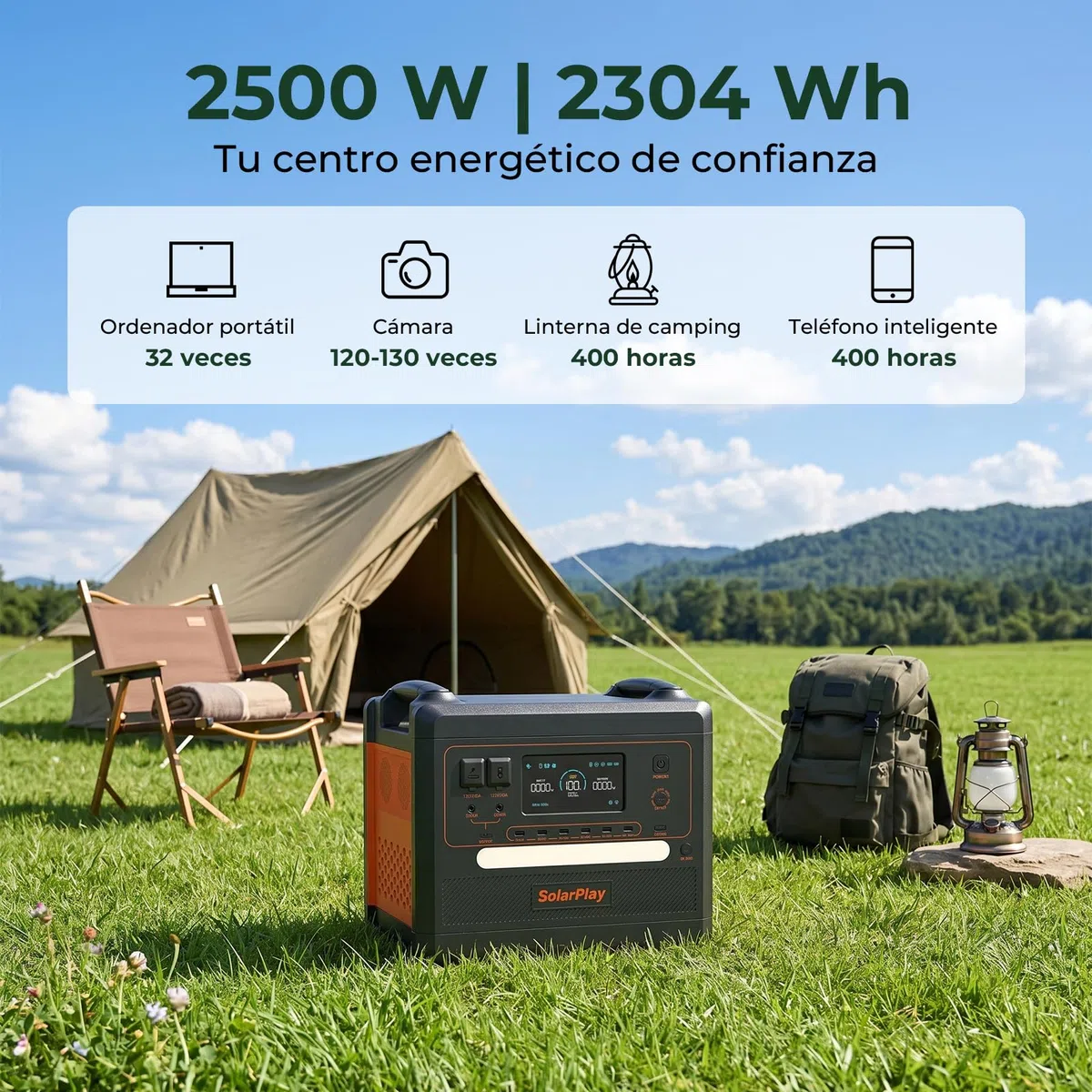 SolarPlay Estacion de Energia Portatil 2500W, 2300Wh Generador Solar con Batería LiFePO4, Salida 12 Puertos, Power Station Portable para Camping, Autocaravana, Emergencia (Q2402M)