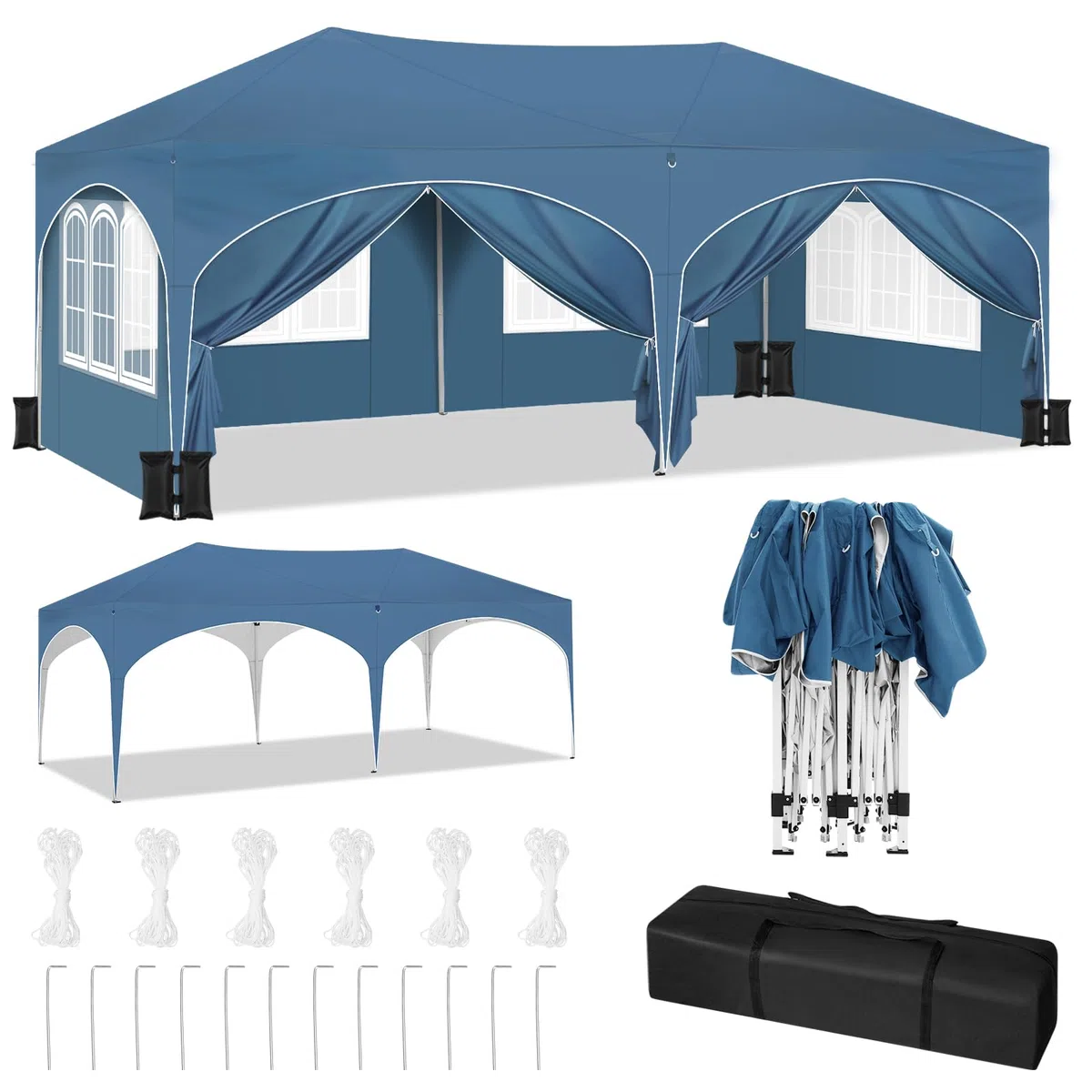 WOLTU Pabellón de Jardín Cenador Plegable Pérgola con Techo Carpa para Exteriores de Tela Oxford 3x6m,con Paredes Laterales, Camping y Playa,4PCS Bolsas de Arena Vacía para Carpas,Azul