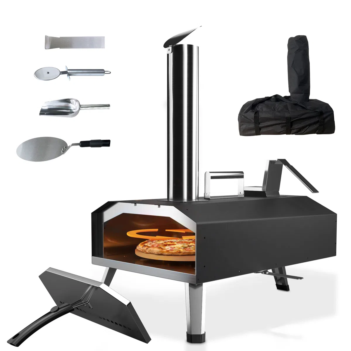 Horno de Pizza 12 Pulgadas: KitchenBoss Horno Leña de Pizza para Exteriores Temperatura Máxima 500 ℃ Horno Leña de Pizza Portátil al Aire Libre Combustible Madera Carbón para Camping Jardín Parque