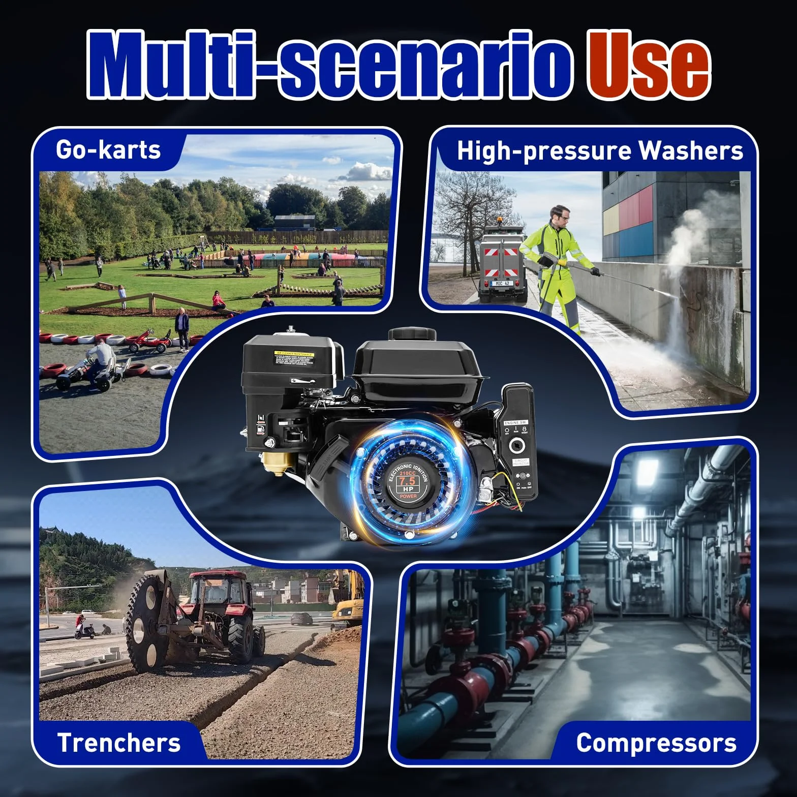 DIFU Motor de gasolina de 7,5 CV con arranque eléctrico | Motor de 4 tiempos Go Kart de 210 cc | Bajo consumo de combustible | Motor de pie con motor de karts de eje 20 mm con función de alarma de