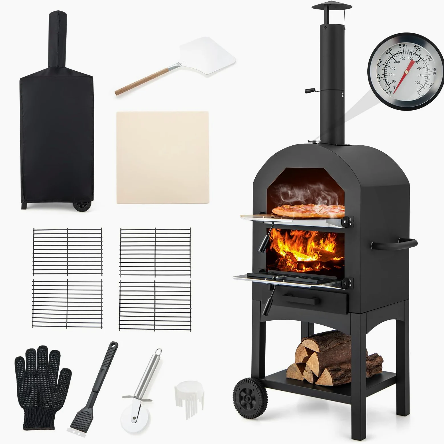 GYMAX Horno para Pizza de Exteriores con Piedra y Pala, Horno de Cocina con Termómetro y Función de Barbacoa, Estufa con Cubierta y 2 Ruedas para Picnic, Fiesta y Camping