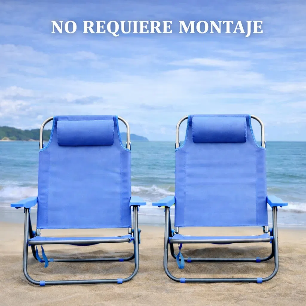 T-LOVENDO.ES Pack de 2 Sillas de Playa Reclinables Plegables con Reposacabezas | Sillas Portátiles para Jardín, Camping, Piscina, Terraza | Estructura de Acero Ligera y Tela Transpirable Resistente