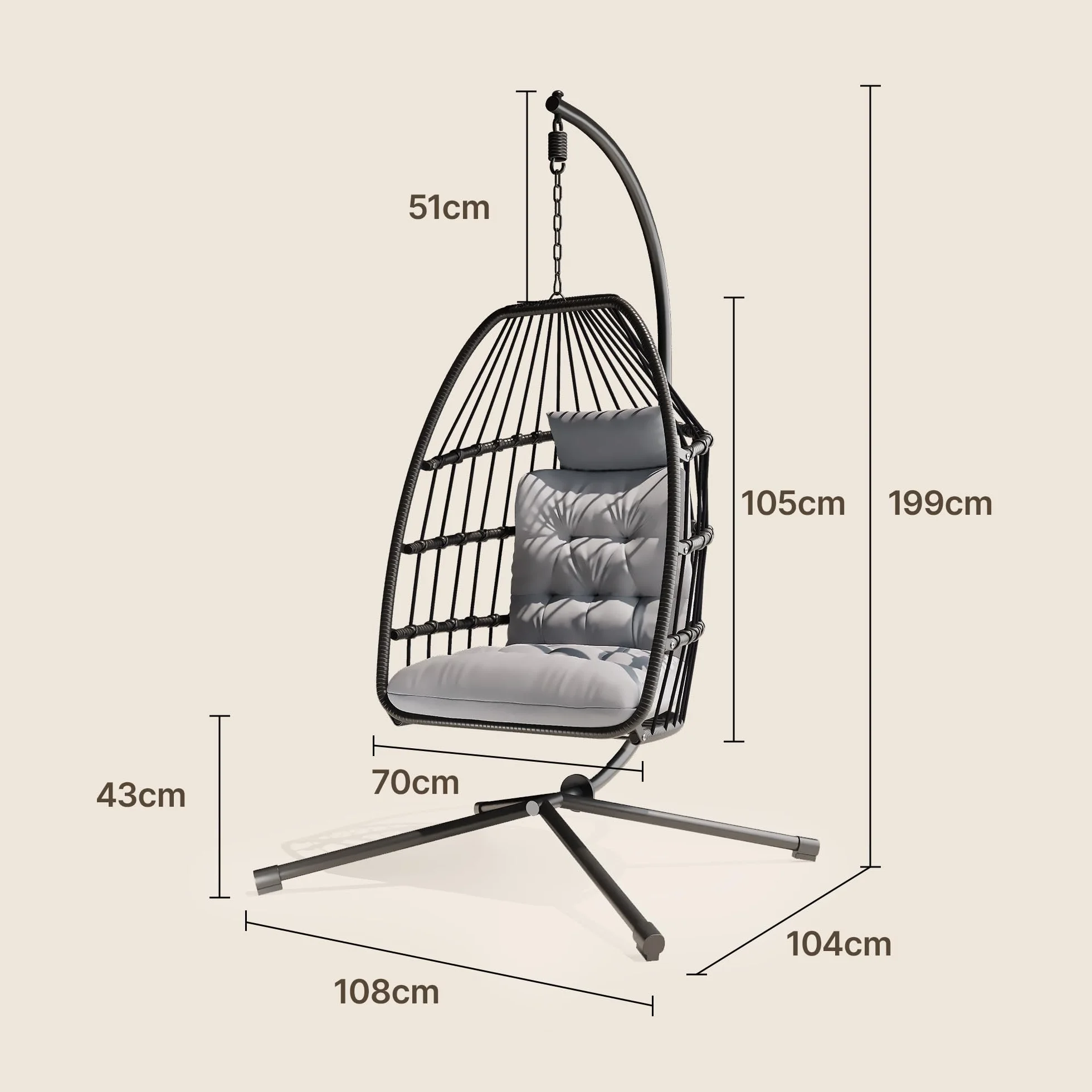 Xbro Silla Colgante de Exterior, Silla Colgante Huevo con Estructura de Acero y 4 Pies en Base, Columpio Jardin Exterior/Interior, Plegable, Capacidad 160Kg - Gris