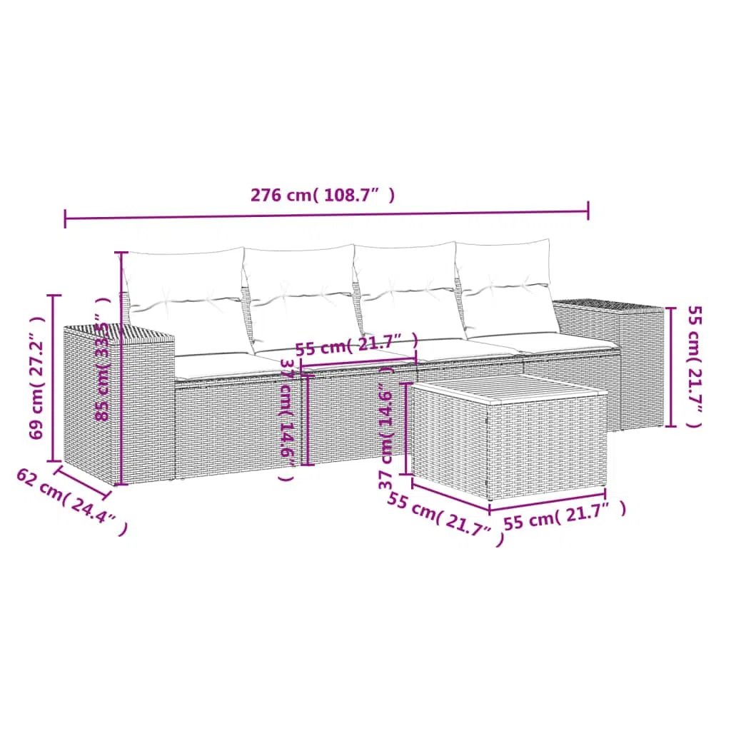 vidaXL Set de Muebles de Jardín con Cojines 5 pzas, Mesa y Asientos Modulares, Conjunto de Sofás para Terraza Patio, Ratán Sintético Negro