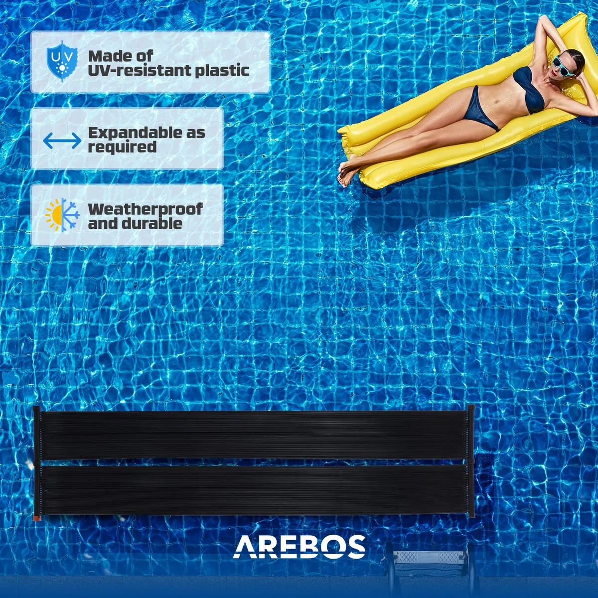 Arebos Calentador de Agua Solar | colector Solar | Calentador de Piscina | Colchoneta Solar | Absorbedor Solar | 300 x 66 cm | Plástico Resistente a los Rayos UV | Incl. Conjunto de derivación