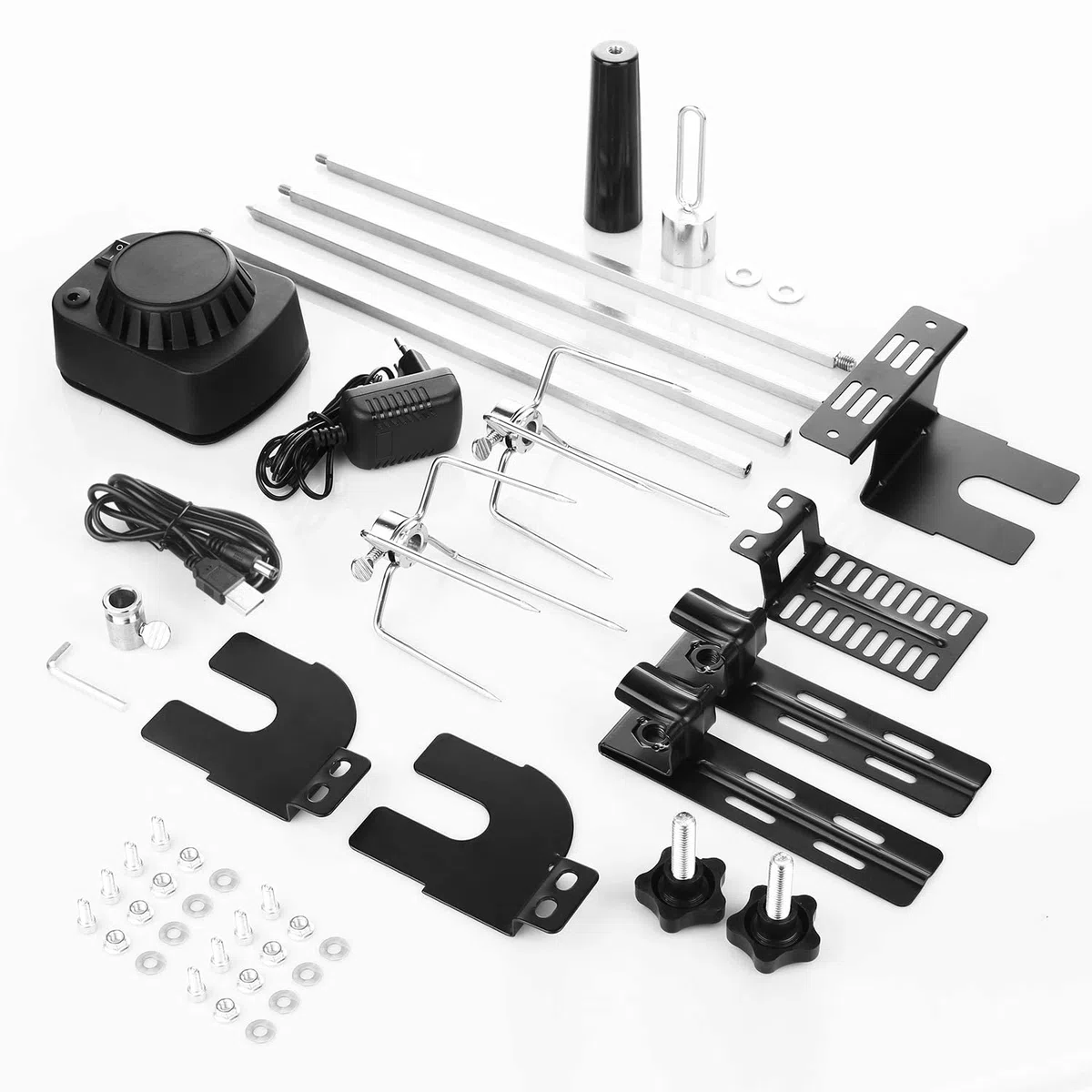 Asador Giratorio Electrico con 2 Agujas de Carne y Motor, Alimentado pour Cable USB y Adaptador, Pincho Asador pour Parrillas de Gas, Carros de Parrilla, Longitud Ajustable 69-137 cm
