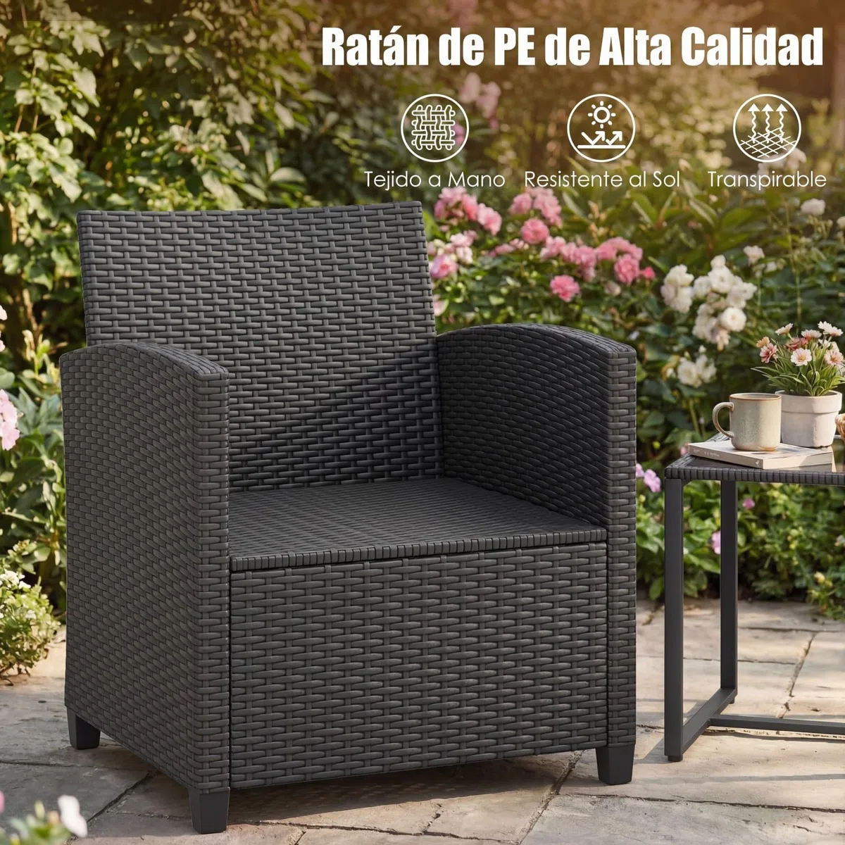 COSTWAY Conjunto Mesa y Sillas Jardin de 3 Piezas, Conjunto de Conversación de Ratán PE con 2 Sillas,Mesa Auxiliar de Vidrio Templado y Cojines con Funda Desmontable para Terraza Patio (Negro+Beige)
