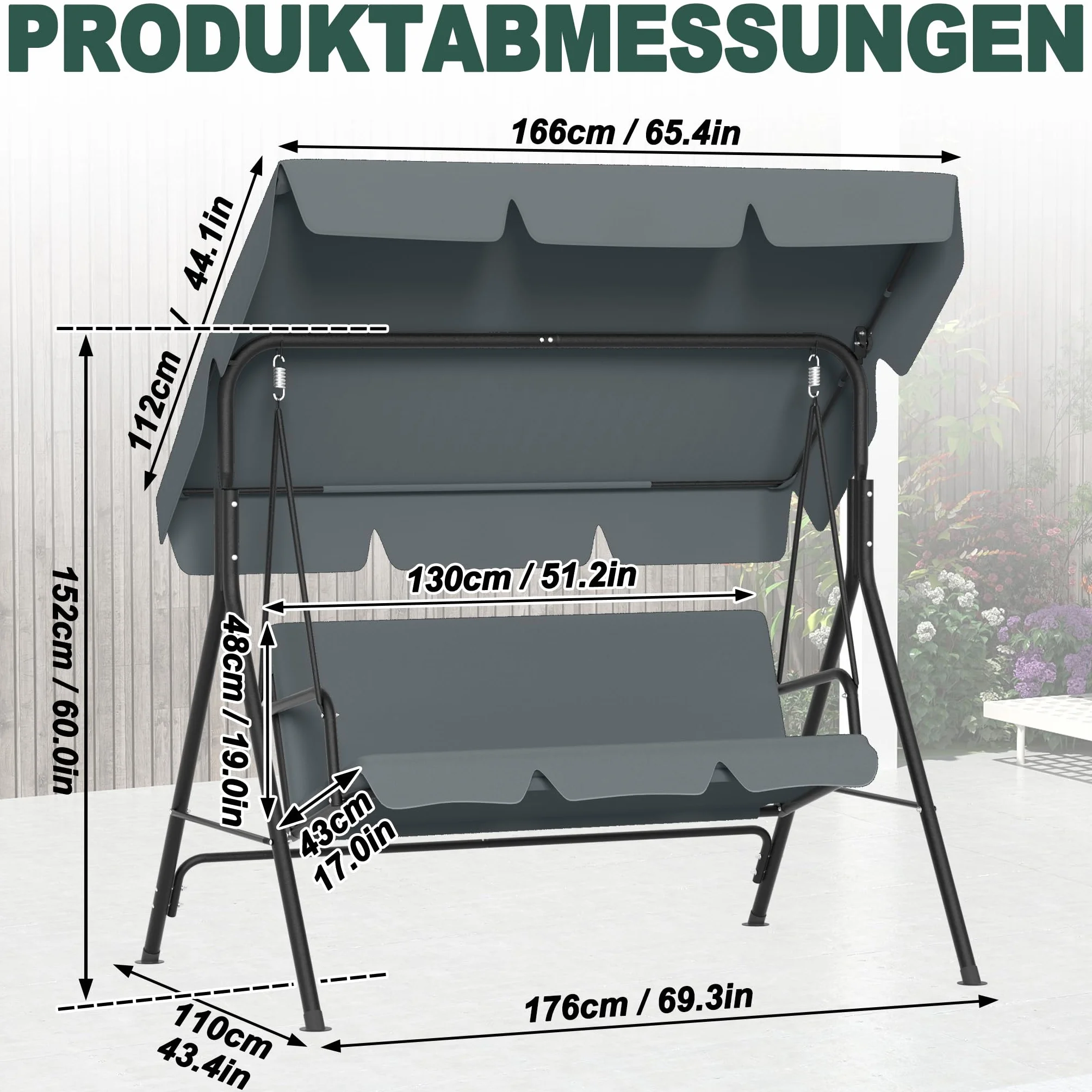 Froadp Columpio de jardín para exteriores con techo, 3 plazas, soporta hasta 200 kg, resistente a la intemperie, columpio para adultos en el jardín, balcón, terraza, 176 x 110 x 152 cm, antracita