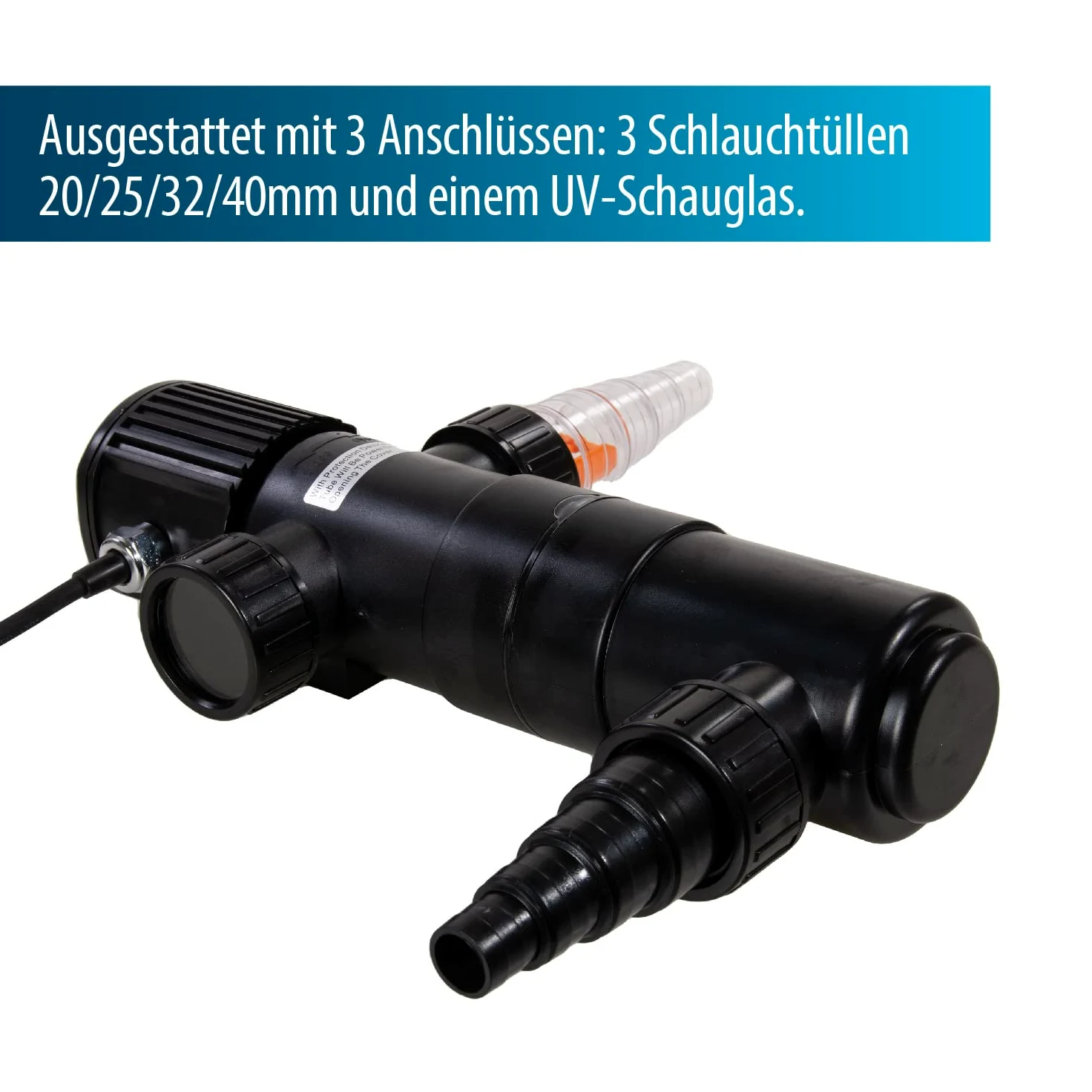 AquaForte GUV-218 UV-C, máx. Estanque 20 m³, caudal máximo 2,5 m³/Hora, 18 W, Carcasa con Conector de Bloqueo rápido, 3 boquillas de 20/25/32/40 mm y Vidrio de visión UV, Interior en Forma de Helix