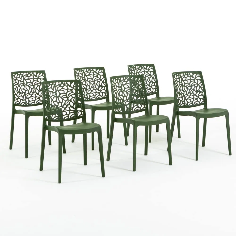 Sillas de resina moderna apilables de polipropileno con fibra de vidrio, para interior, cocina o comedor, exterior y jardín, sillas de restaurante y contract - Anna (6 Sillas, Verde oliva)