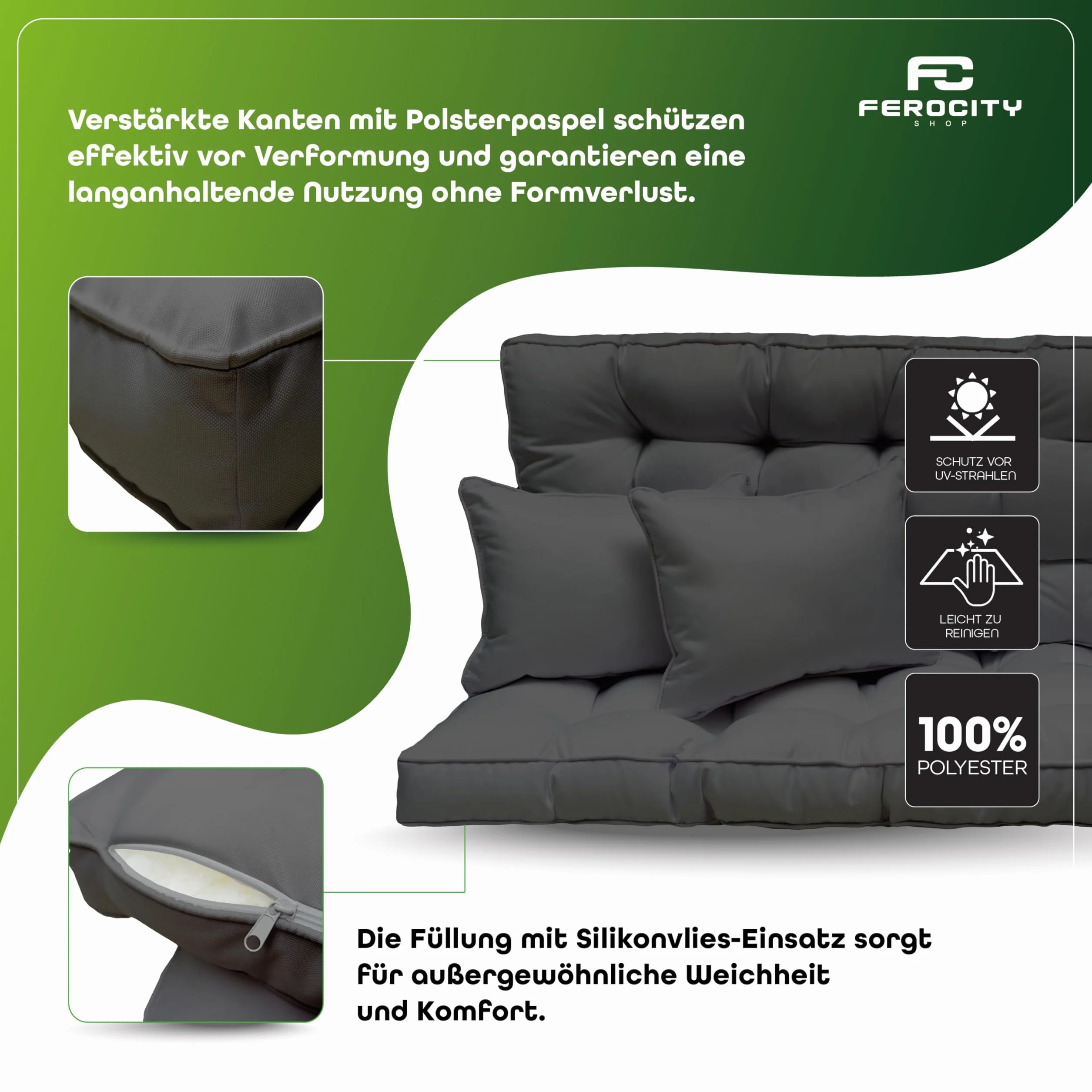 Cojín columpio de jardín 120x50x10 cm - Set de 2 plazas: colchón de asiento y respaldo para columpio con toldo – Outdoor - para sofá y banco de jardín, palé europeo, tumbona – Color: Gris Len [133]