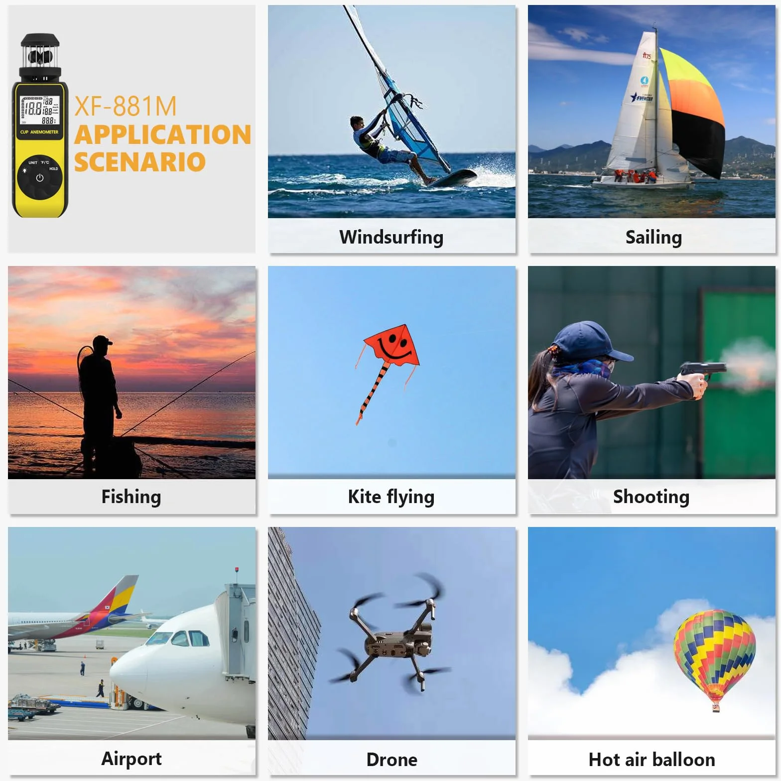 Wind Cup Anemómetro para Exterior, Digital Medidor de Velocidad Viento 0.7~42m/s con MAX/AVG Modos & Prueba de Temperatura del Viento, Wind Speed Meter con Brújula para Drones Vela Surf