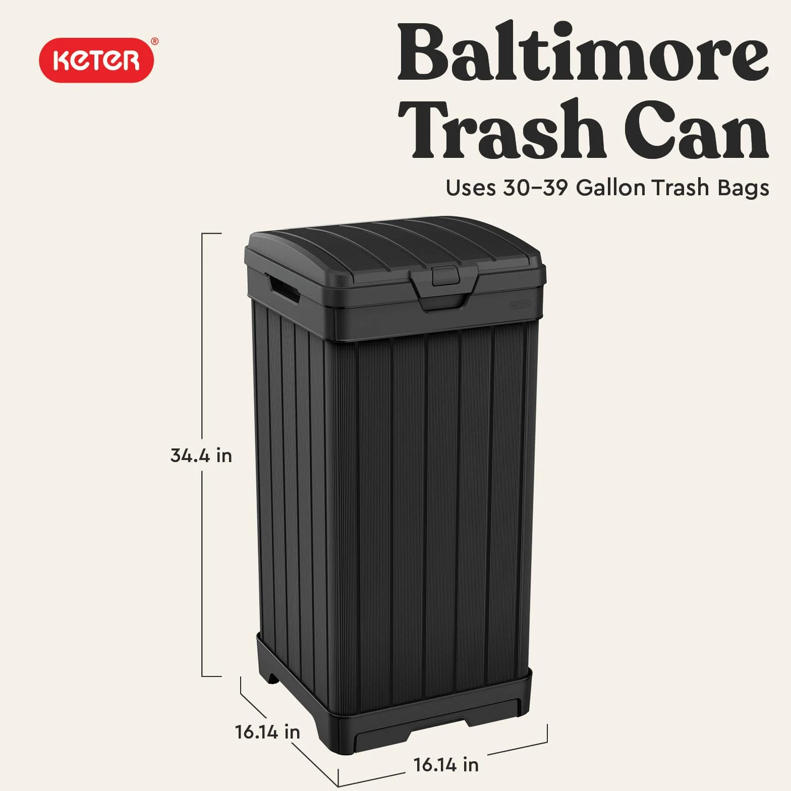 Keter Baltimore - Cubo de basura de resina de 38 galones para cocina al aire libre con tapa y bandeja de goteo para una fácil limpieza, perfecto para comedor en el patio, color negro