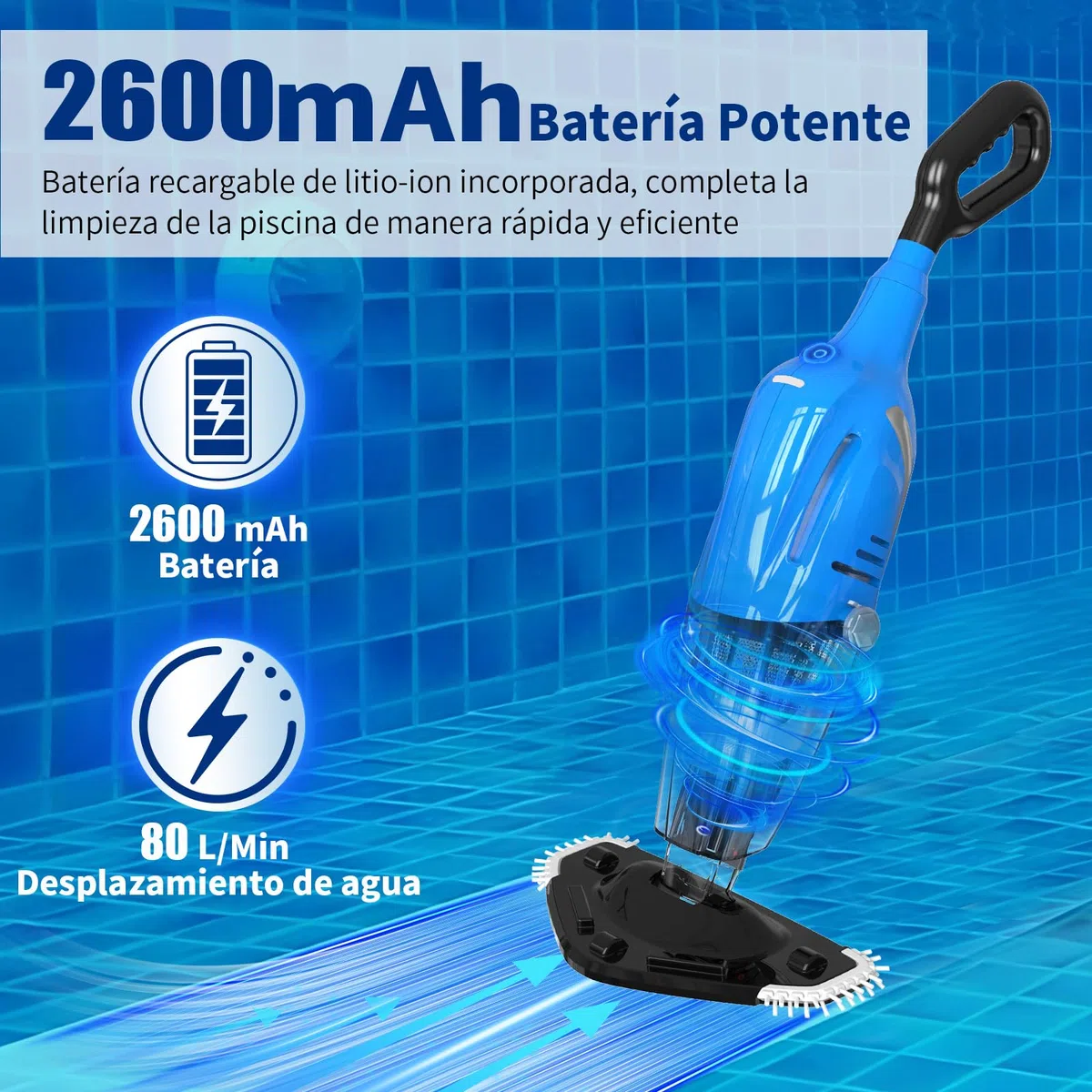 2026 Nueva Aspiradora de Piscina con Batería, Limpiafondos Manual para Piscina, Autonomía 80 Minutos, Aspiradora Eléctrica para Piscina, SPA, Azul