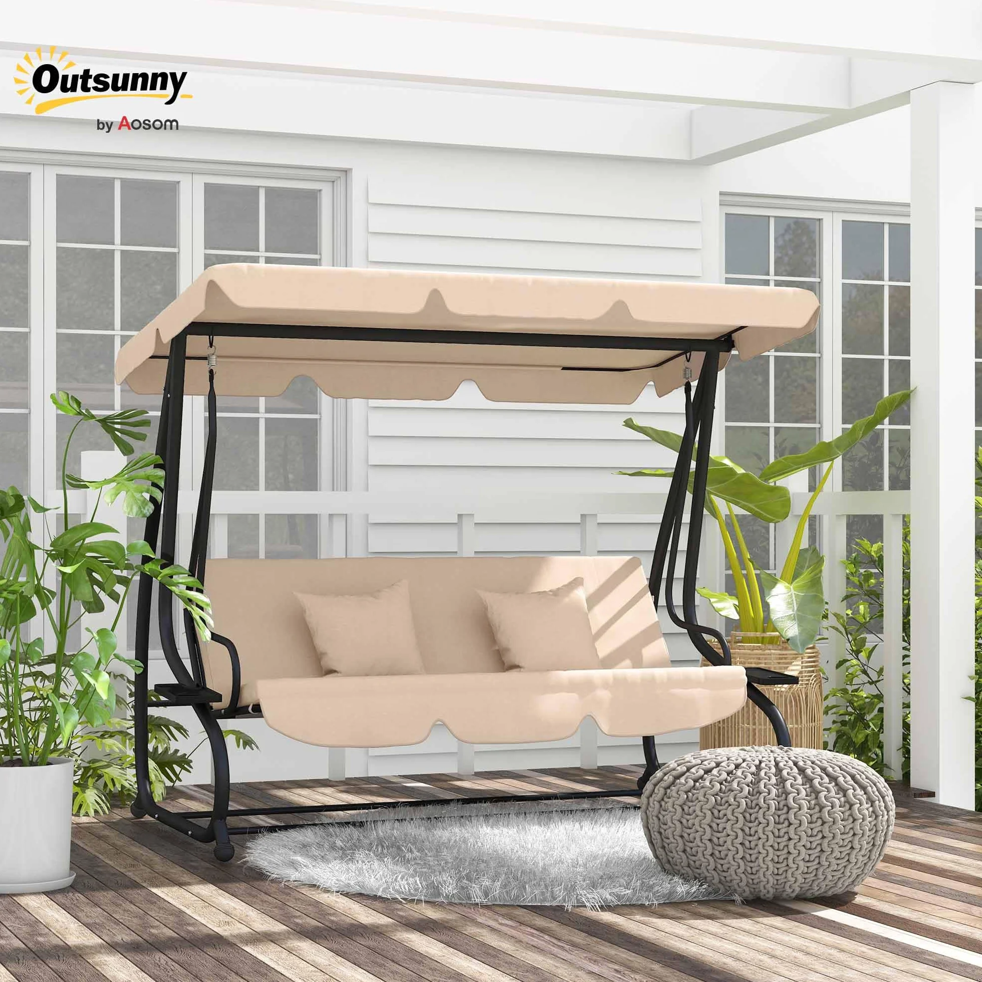 Outsunny Balancín de Jardín Exterior de 3 Plazas Columpio de Jardín Exterior Convertible en Cama 2 en 1 con Toldo Ajustable Soportes Laterales y 2 Almohadas Carga 340 kg 200x120x164 cm Arena