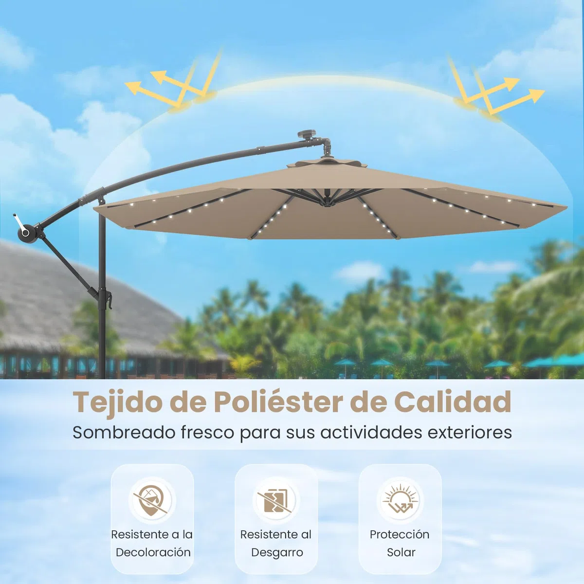 COSTWAY Sombrilla Terraza Exterior con Base, Parasol Excentrico 3x3 con 40 Luces LED, Sombrilla Jardin Inclinable con Manivela, Patio, Jardín, Terraza, Piscina, Playa (café)
