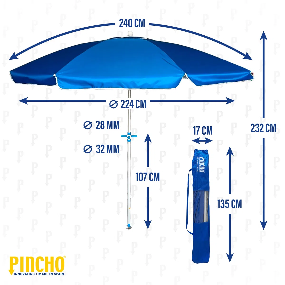 Pincho Sombrilla Playa Grande 240 cm de arco, Antiviento hasta 35km/h, Protección UV 50, Materiales de Calidad, 8 Varillas de Fibra de Vidrio, Palo reclinable