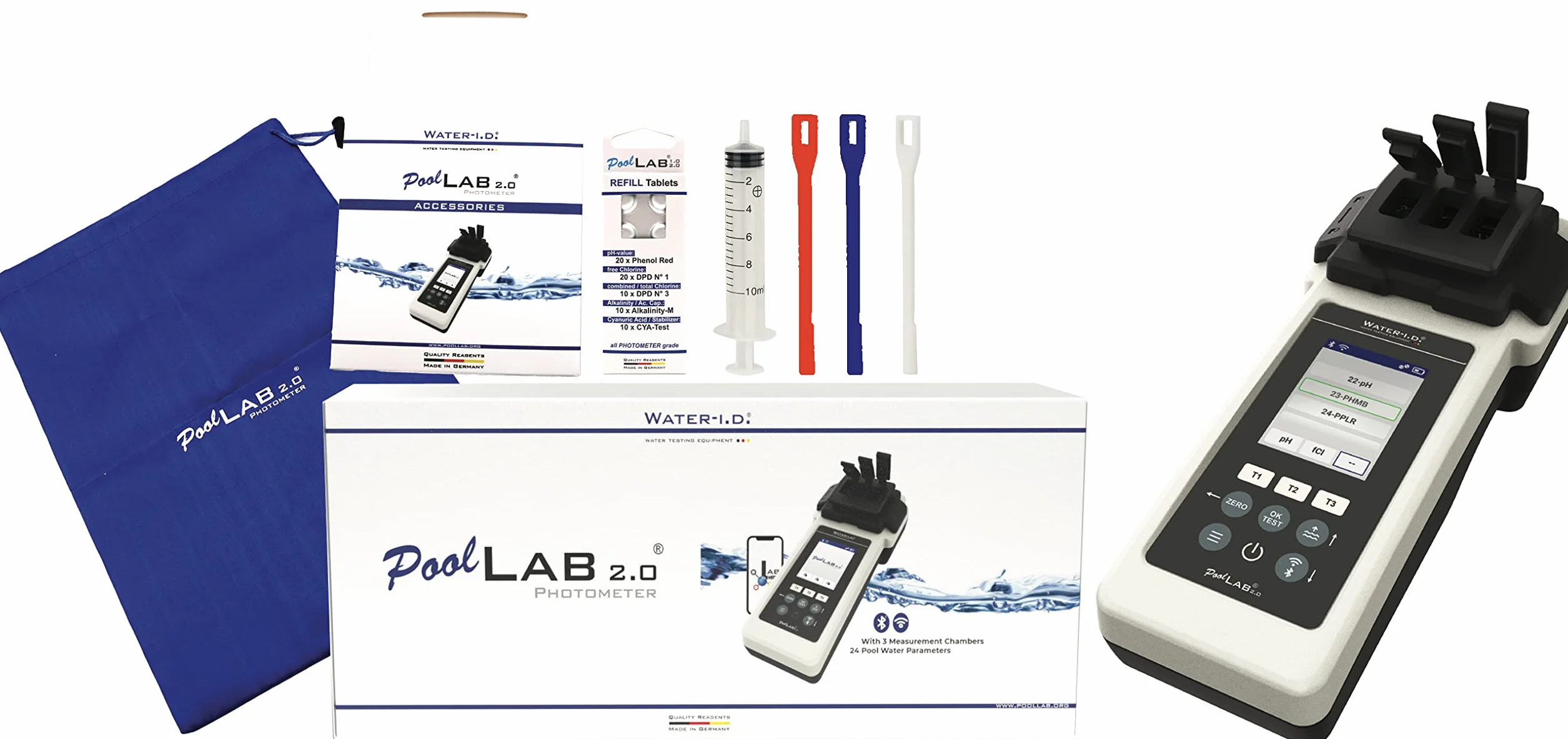 PoolLab 2.0 - Fotómetro electrónico con 3 cámaras de medición, 24 parámetros de agua y 70 pastillas de prueba, ideal para análisis profesional de agua de piscina y spa