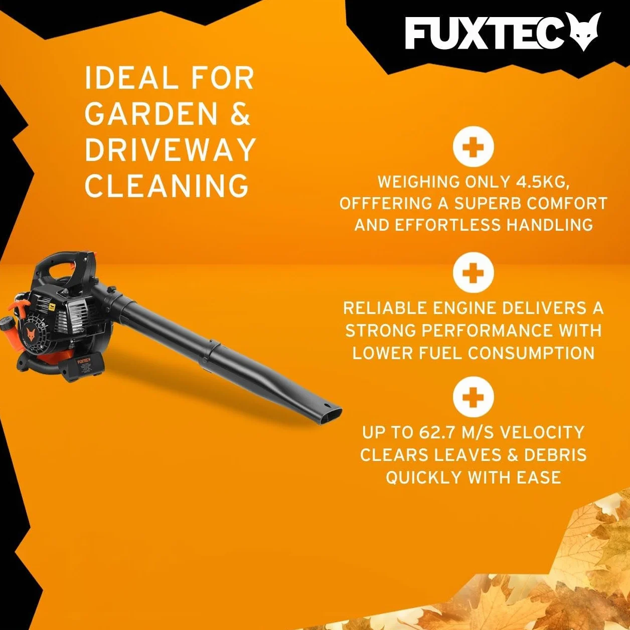 FUXTEC - Soplador de Hojas a Gasolina FX-LB126ECO Cilindrada 26 cm³ Velocidad del Aire 60 m/s Peso 4,5 kg Diferentes boquillas para Diferentes Superficies