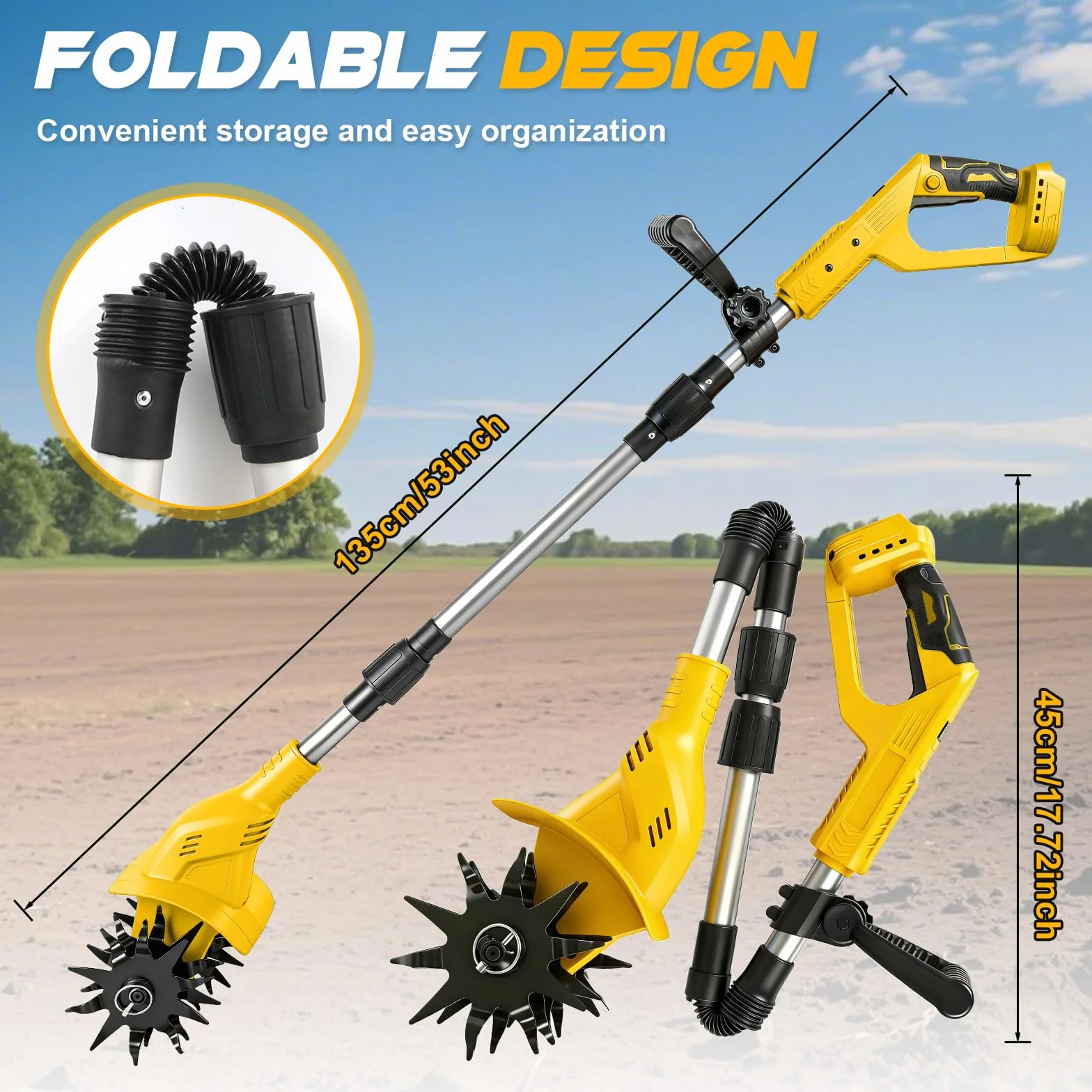 Azada de suelo inalámbrica compatible con batería Dewalt de 20 V, batería de 500 W, 20 cm de profundidad de labranza, 16 cm de ancho de mecanizado, 360 rpm, sin escobillas, plegable, fresadora