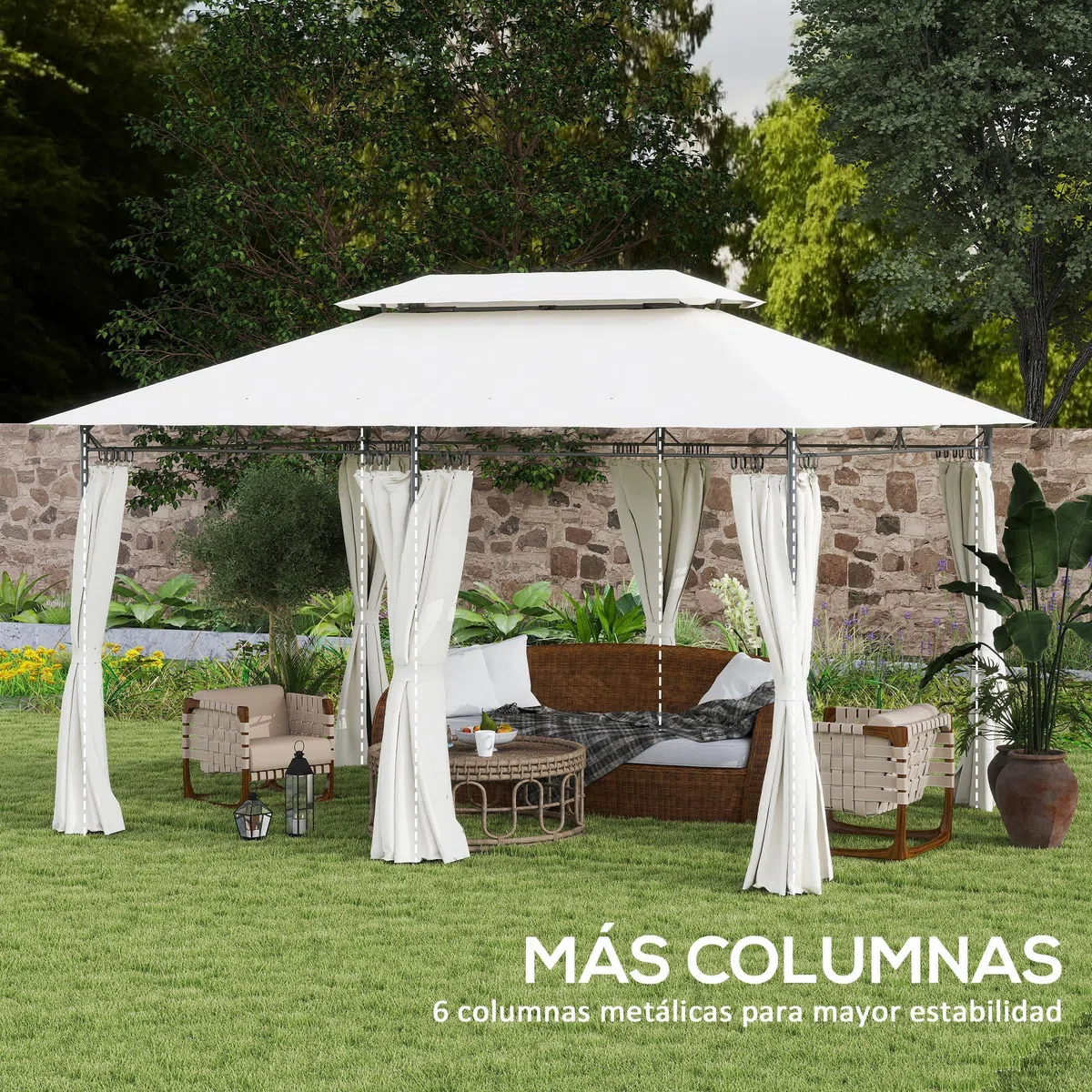 Outsunny Cenador de Jardín 4x3 m, Pabellón de Jardín Gazebo con Doble Techo, 6 Paredes Laterales, Estructura Metálica, Orificios de Drenaje, Carpa para Exterior, Terraza, Patio, Crema