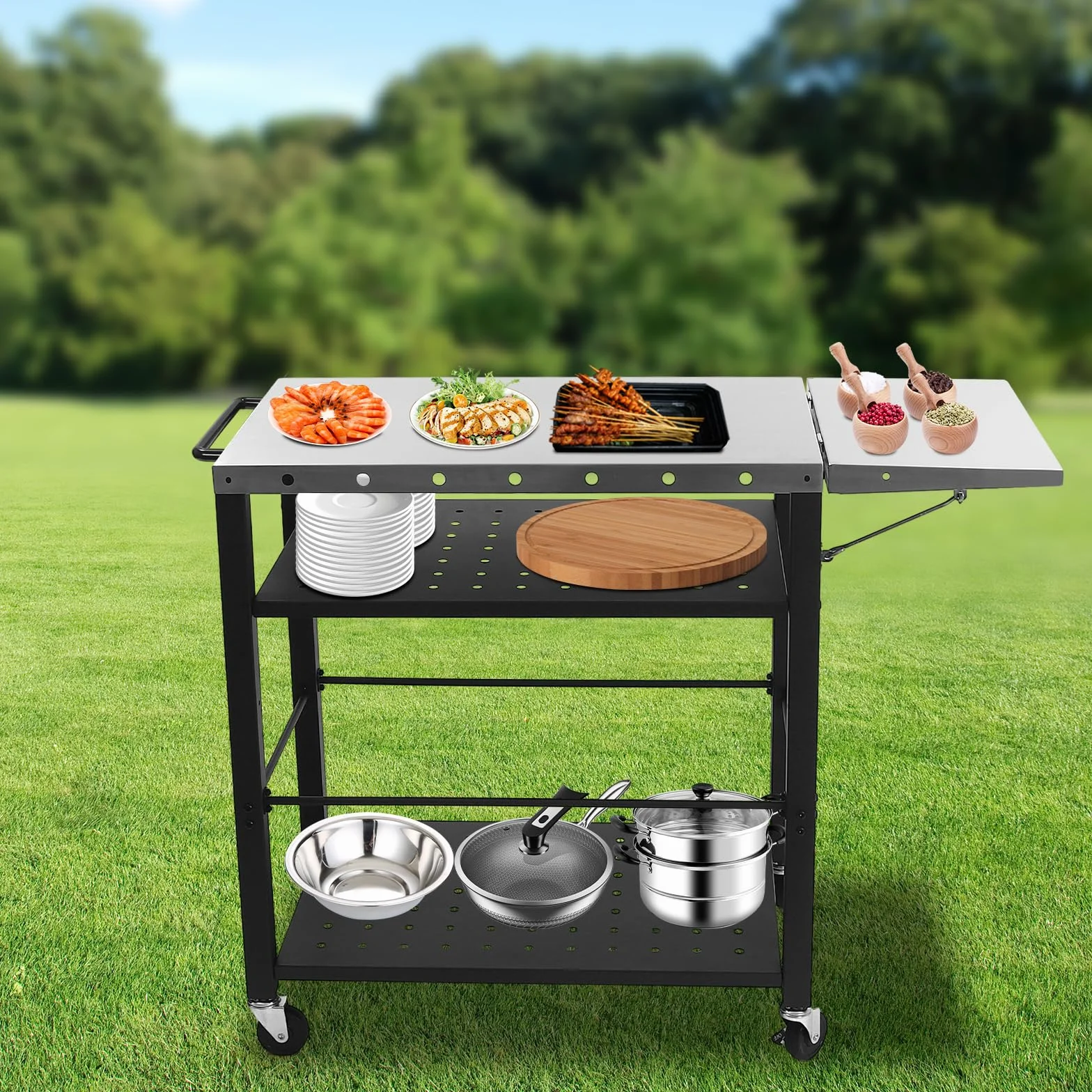 Mesa de barbacoa portátil para exteriores, barbacoa, mesa auxiliar, jardín, plegable, carrito de servir, carrito de acero inoxidable, mesa de barbacoa multifuncional con ruedas para terraza