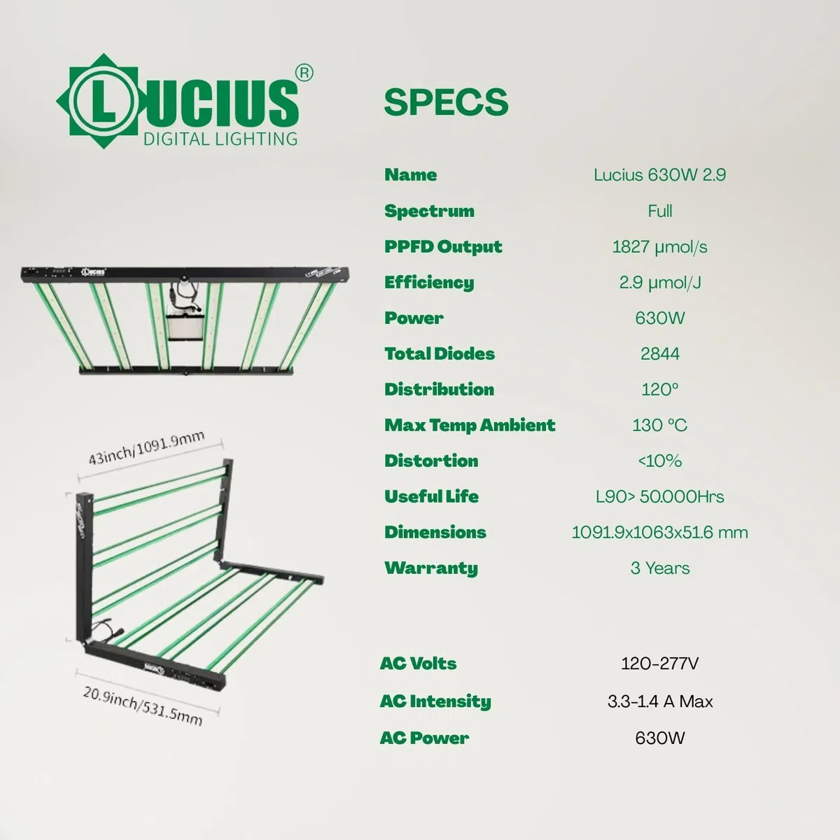 LUCIUS - Lámpara LED de 630W 2.9 Master Control - Cultivo espectro completo Crecimiento/Floración, UV IR, Función Anochecer/Amanecer, Regulable, Invernaderos y plantas interior, hortalizas y flores