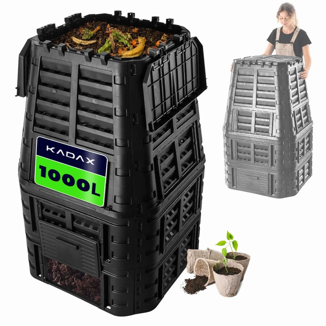 KADAX - Compostador de jardín 1000L, una solución ecológica y práctica para transformar sus residuos orgánicos en fertilizante natural, bandeja de compost (Negro)